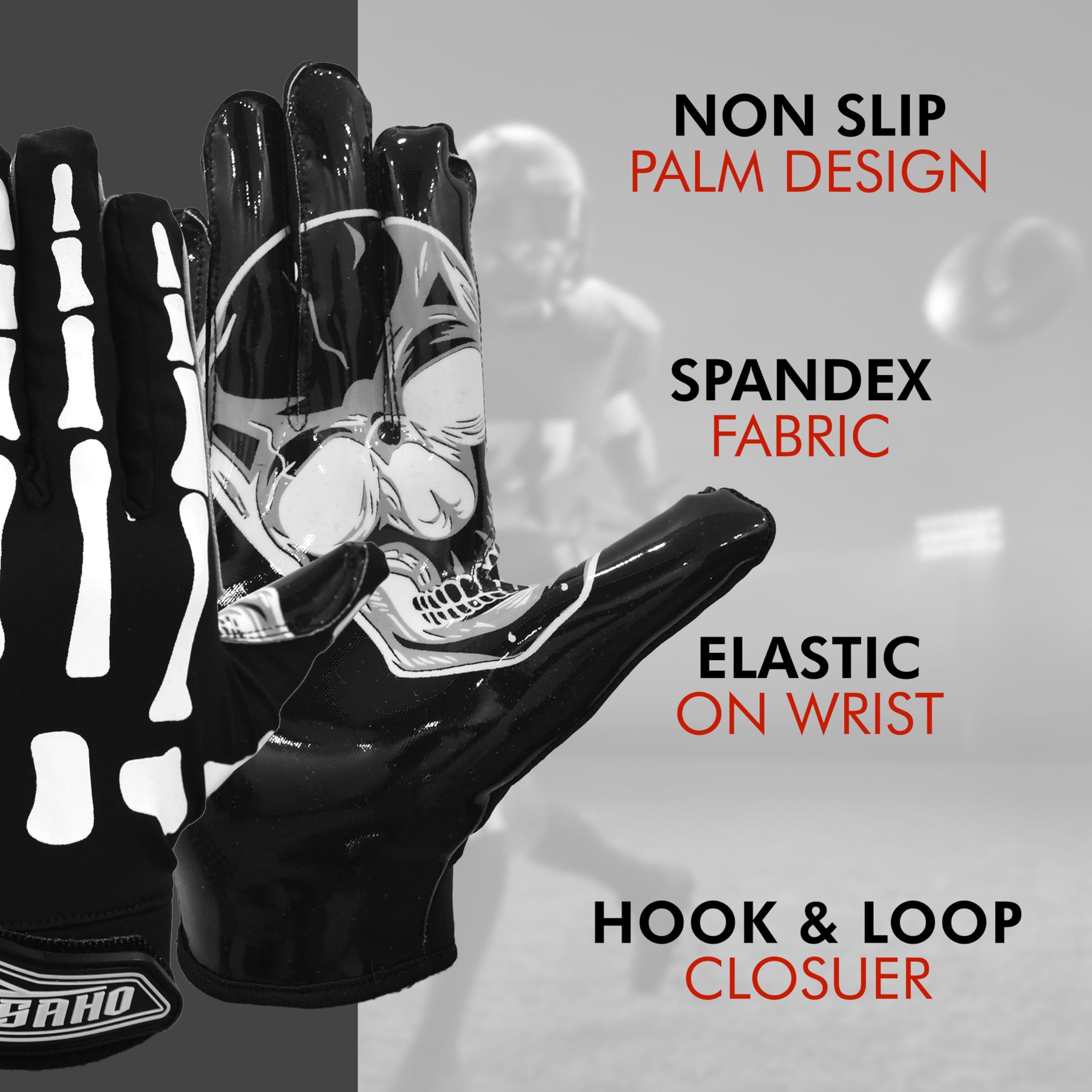 SAHO Skull Football Gloves - Tacky Grip Skin Tight Enhanced Performance Football Gloves - Skeleton Pro Elite Super Sticky Receiver American Football Gloves - Adult & Youth Sizes Black Color (Adult L)