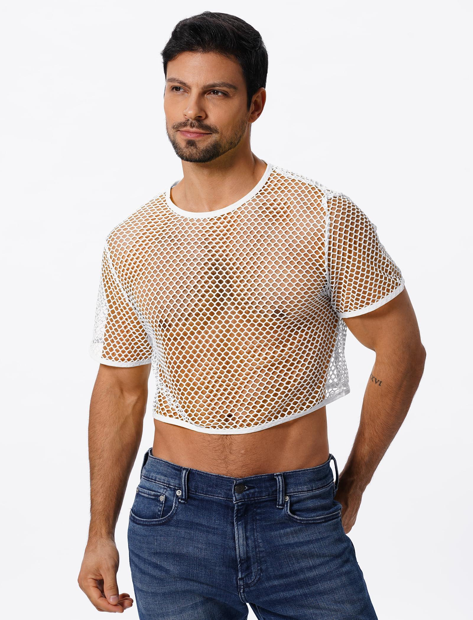 FYMNSI FYMNSI Men's Fishnet Top Mesh Tee Shirt Short Sleeve Round Neck Crop Top Party Club Rave Outfits for Men Muscle Workout Tank Tops See Through Undershirt Gym Training Sports Half Shirt Tops White XXL