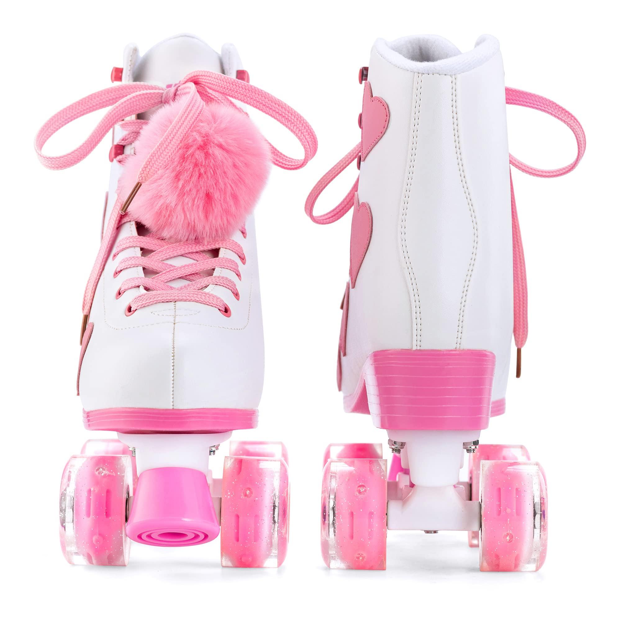 Ruthfot Ruthfot Women\'s and Girl\'s Classic Roller Skates with Light up Wheels and Love Heart Pattern, High-top PU Leather Rollerskates
