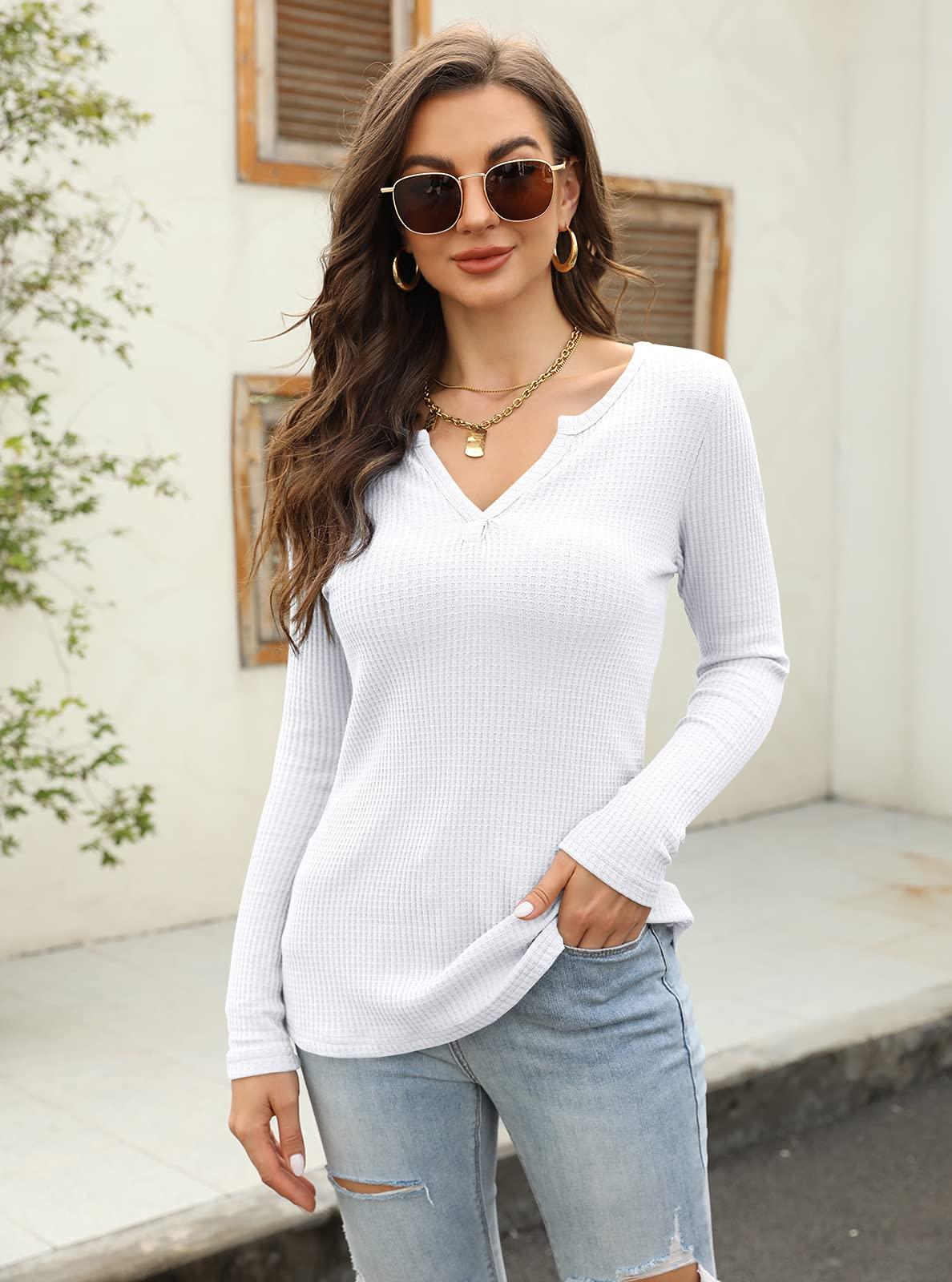 Farktop Women's Waffle Knit V Neck Henley Tops Casual Long Sleeve Pullover Sweater Blouses White