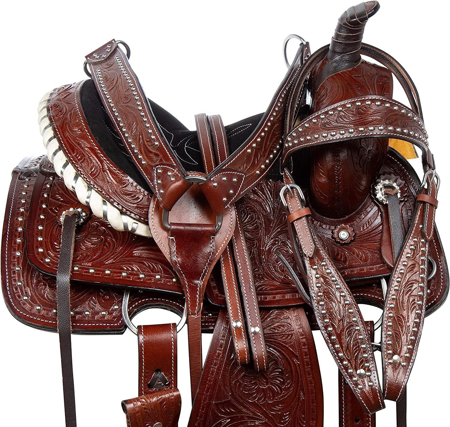 SHOWMEN CRAFT SHOWMEN CRAFT Barrel Racer Show Trail Riding Tooled Leather Western Saddle Tack Horse and Pony Size 14 Inches Seat
