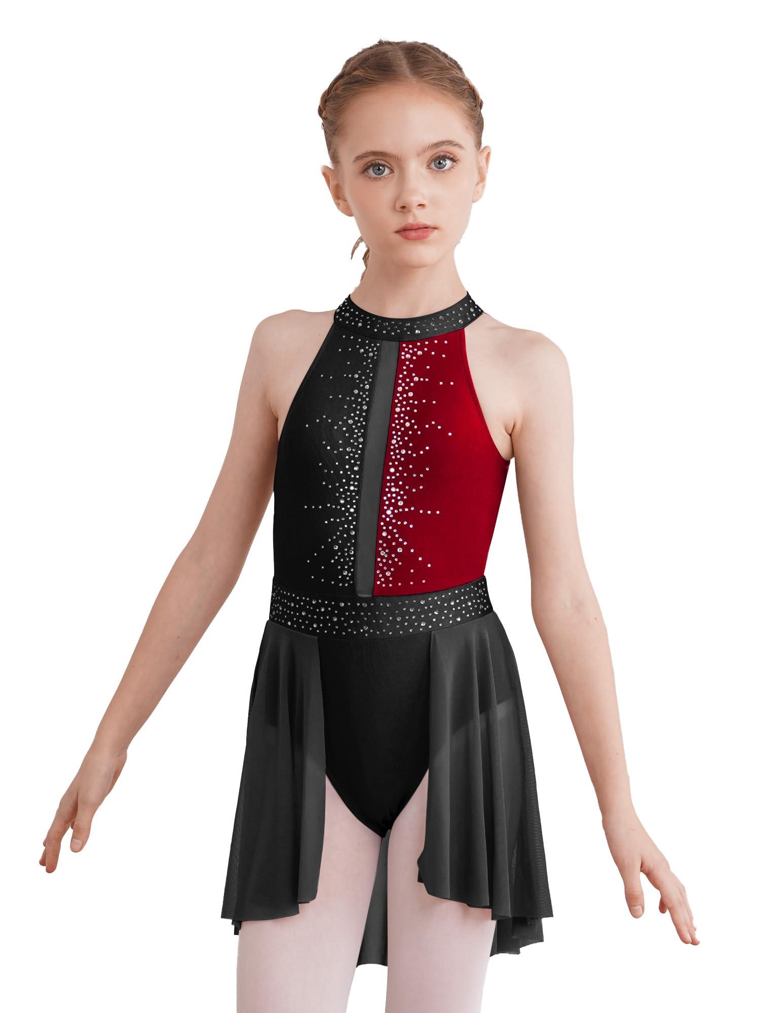 JEATHA JEATHA Kids Girls Rhinestone Sleeveless Mock Neck Figure Skating Dress Gymnastic Ballet Dance Skirt Leotard Black&Burgundy 8