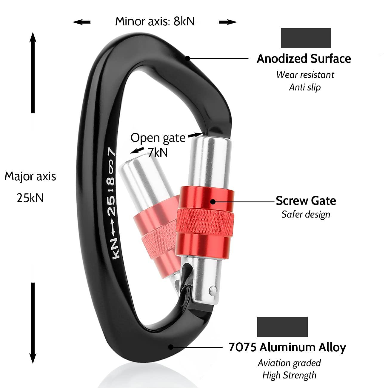 Paliston Locking Carabiner - 25kN 5600lb Climbing Carabiner Screw Gate D Shape Carabiner Black (Pack of 2)