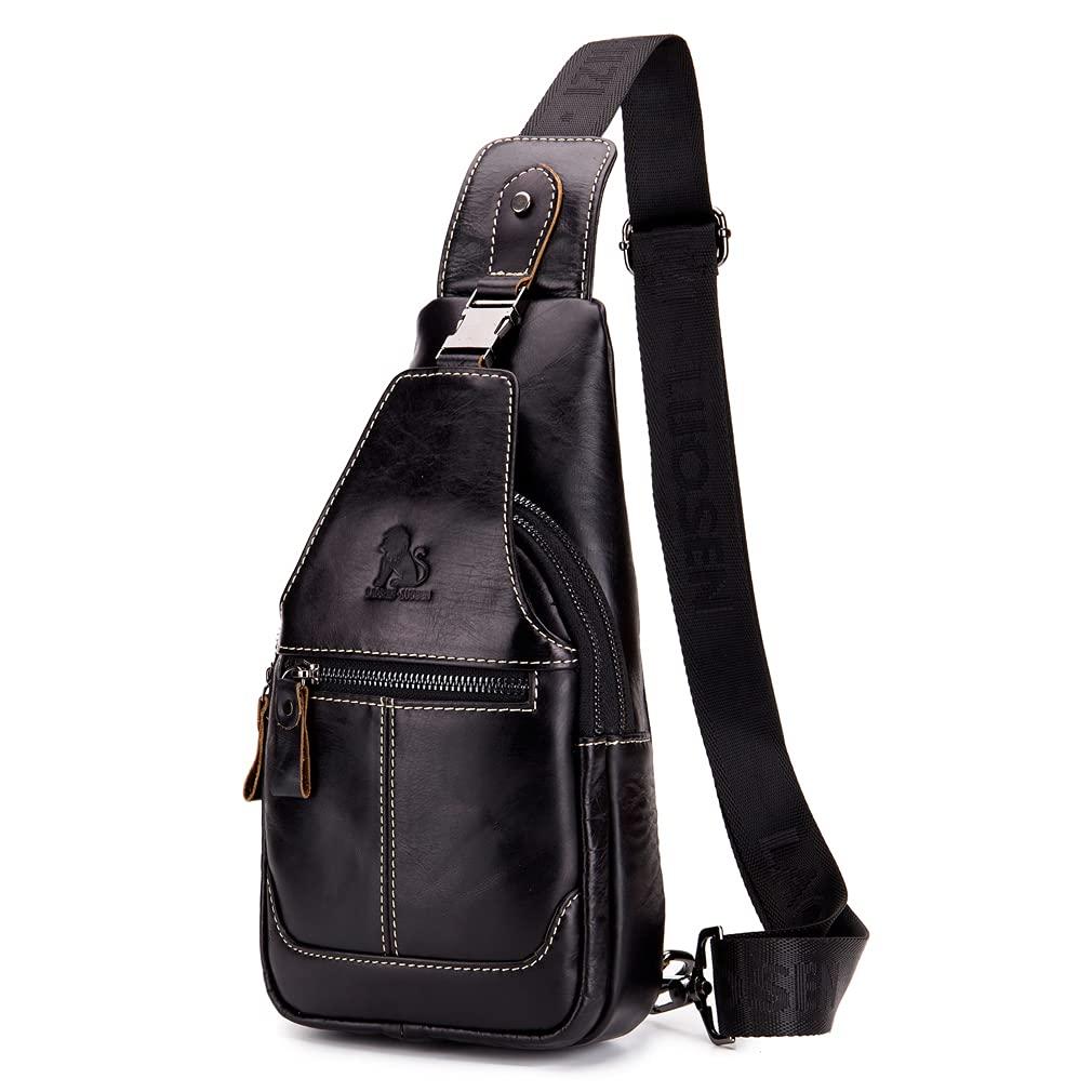Hebetag Hebetag Leather Sling Bag Crossbody Backpack for Men Women Outdoor Travel Camping Hiking Shoulder Chest Day Pack Casual Daypack, Black