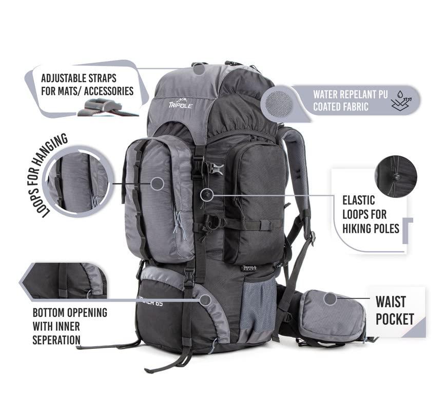 TriPole TriPole Walker 65 litres Rucksack with 20 Litre Foldable Day Pack | Internal Frame with Metal Rod | Rain Cover | Bottom Opening | Laptop Section (Black)
