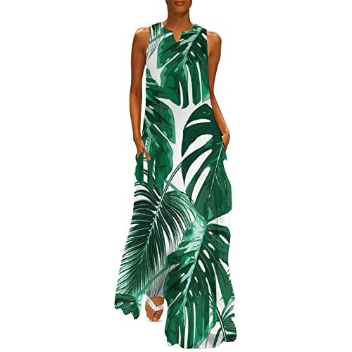 TUBIAZICOL Tropical Palm Leaves Ankle Long Maxi Dress for Women Sleeveless Summer with Pockets