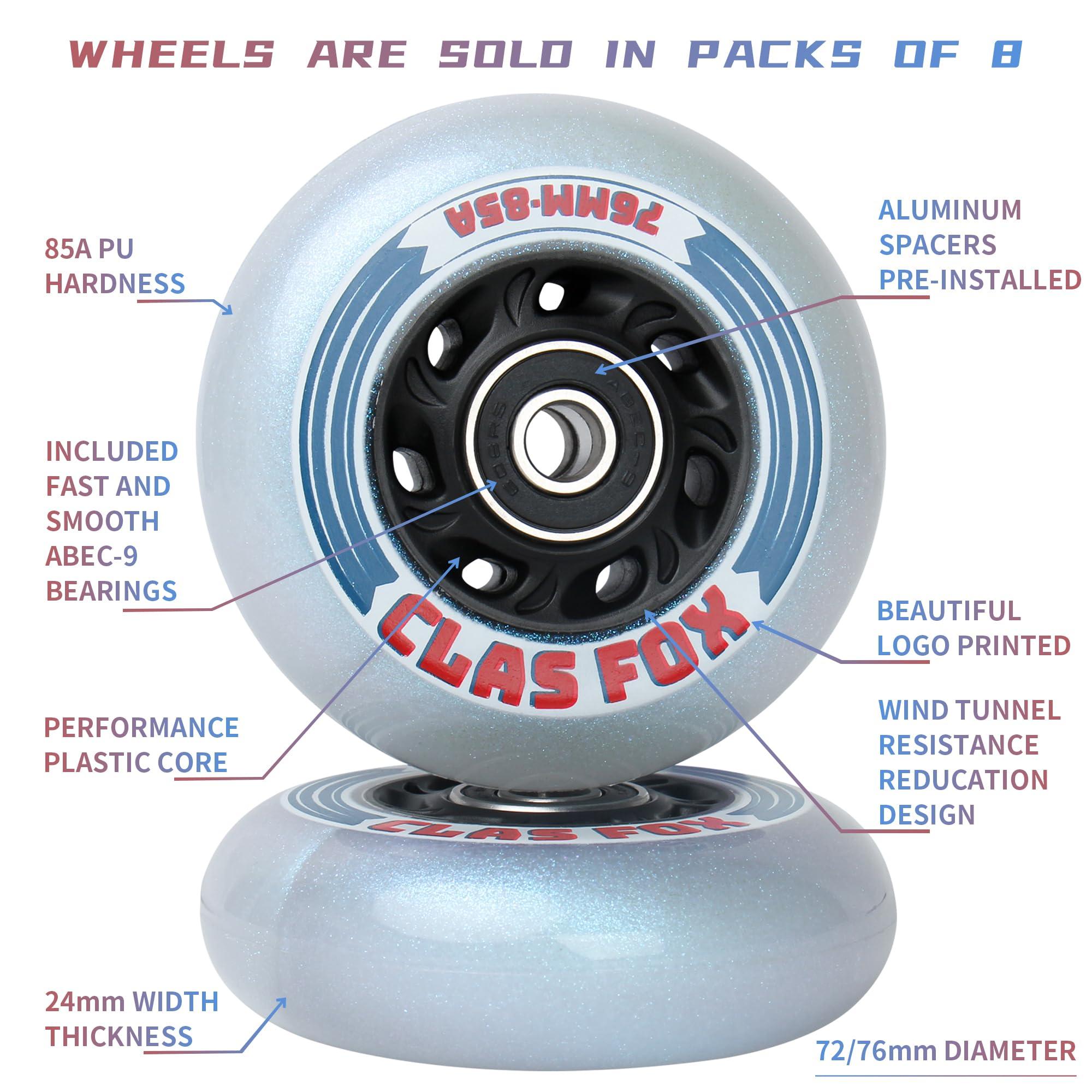 CLAS FOX CLAS FOX Inline Skate Replacement Wheels With Wheels Bag 72mm/76mm with Bearings ABEC-9 and Floating Spacers for Blades Roller Hockey Skates, 85A Indoor & Outdoor (8-Pack) (76MM)