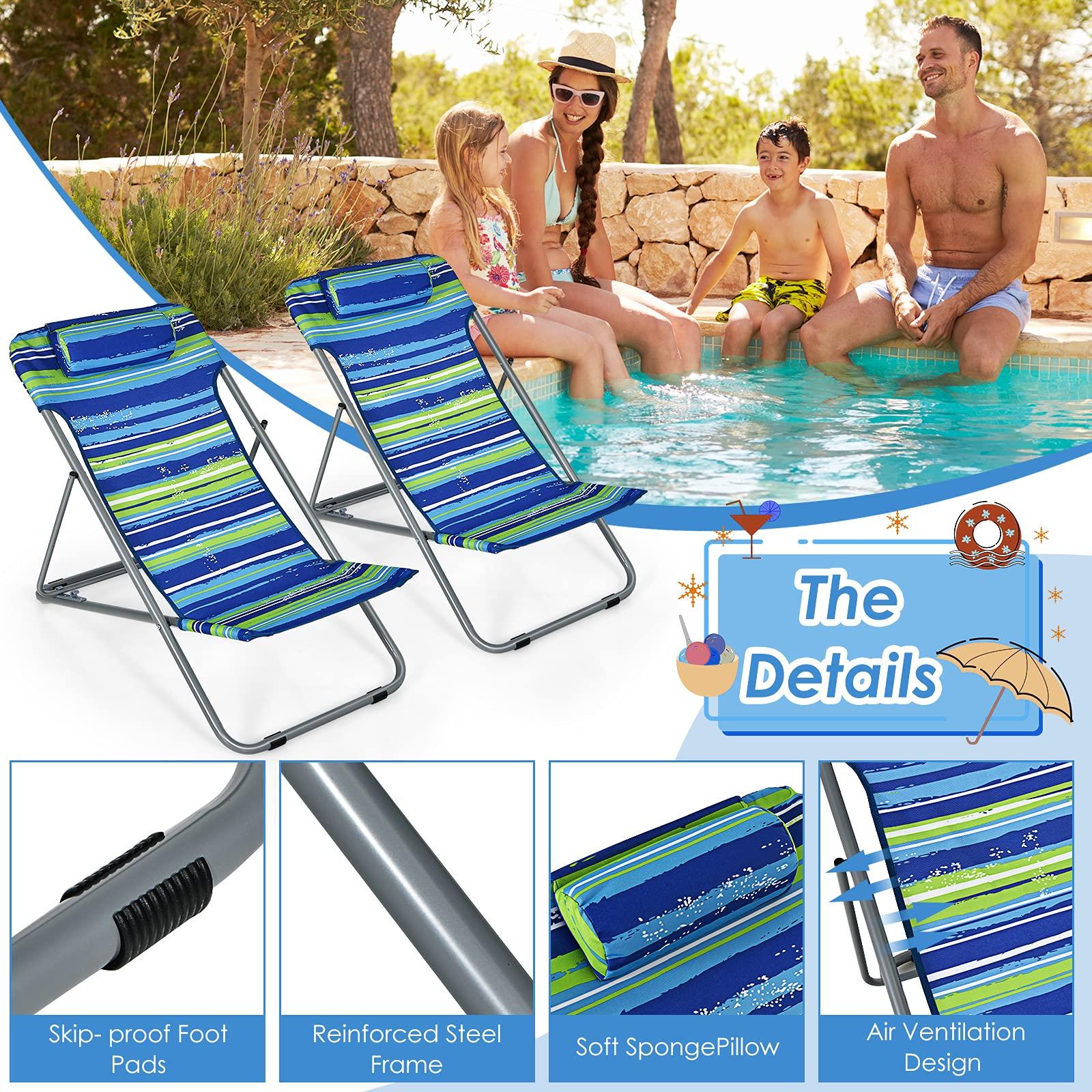 Giantex Giantex Beach Chair for Adults Camping Chair Set, Sunbathing Backpack Folding Recliner with 3 Adjustable Position, Lockable System, Headrest, Non-Slip Foot Pads, Lightweight Sand Chair (2, Blue)