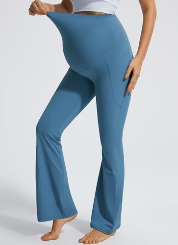 JOYSPELS JOYSPELS Smooth Feeling Flare Maternity Leggings Over The Belly with Pockets Soft Bootcut Pregnancy Yoga Pants Blue Steel
