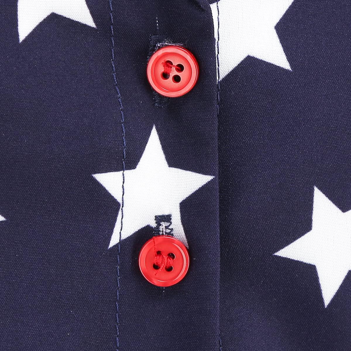 ABOCIW 4th of July Dress Women American Flag Dressy up Lapel Collar V Neck Short Sleeve Stars Shirt Dress A-line Knee Length Cocktail Party Patriotic Dress with Belt Navy Blue-Stars XL