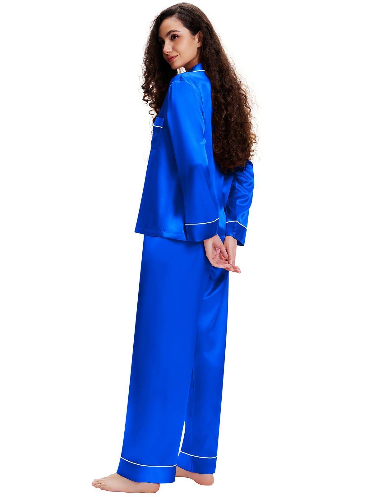 Lonxu Womens Silk Satin Pajamas Set Sleepwear Loungewear Invy M Royal Blue