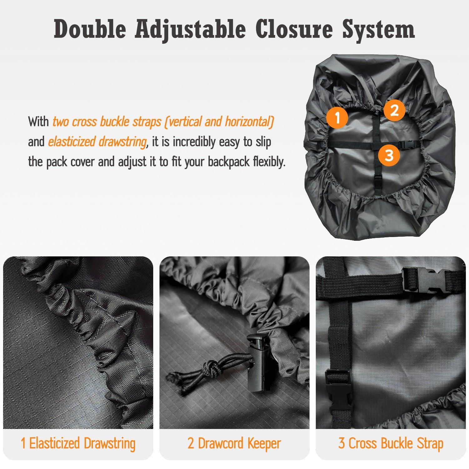 sheelokhwui sheelokhwui Waterproof Backpack Rain Cover, Heavy-Duty Nylon Pack Cover with Upgraded Double Adjustable Closure System and a Carry Pouch for Hiking, Cycling, Camping, Outdoor (Dark Gray, XL, 65-90L)