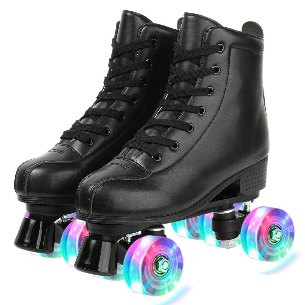 XUDREZ XUDREZ Roller Skates, Double Row Skates Adjustable Leather High-top Roller Skates Perfect Indoor Outdoor Adult Roller Skates with Bag (Flash Wheel,Women\'s 8 / Men\'s 6.5)