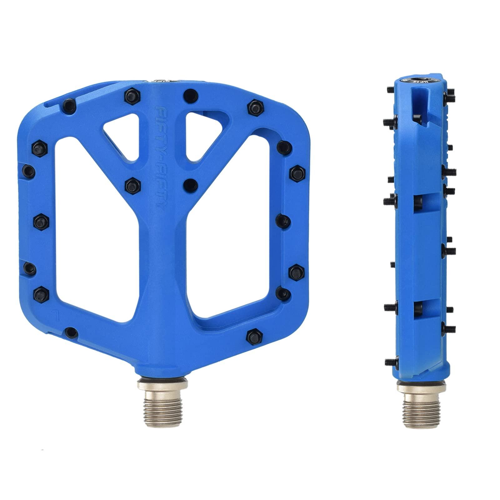 FIFTY-FIFTY FIFTY-FIFTY Mountain Bike Pedals, Non-Slip MTB Nylon Composite, 9/16" Bicycle Pedals, Lightweight and Wide Flat Platform (Blue)
