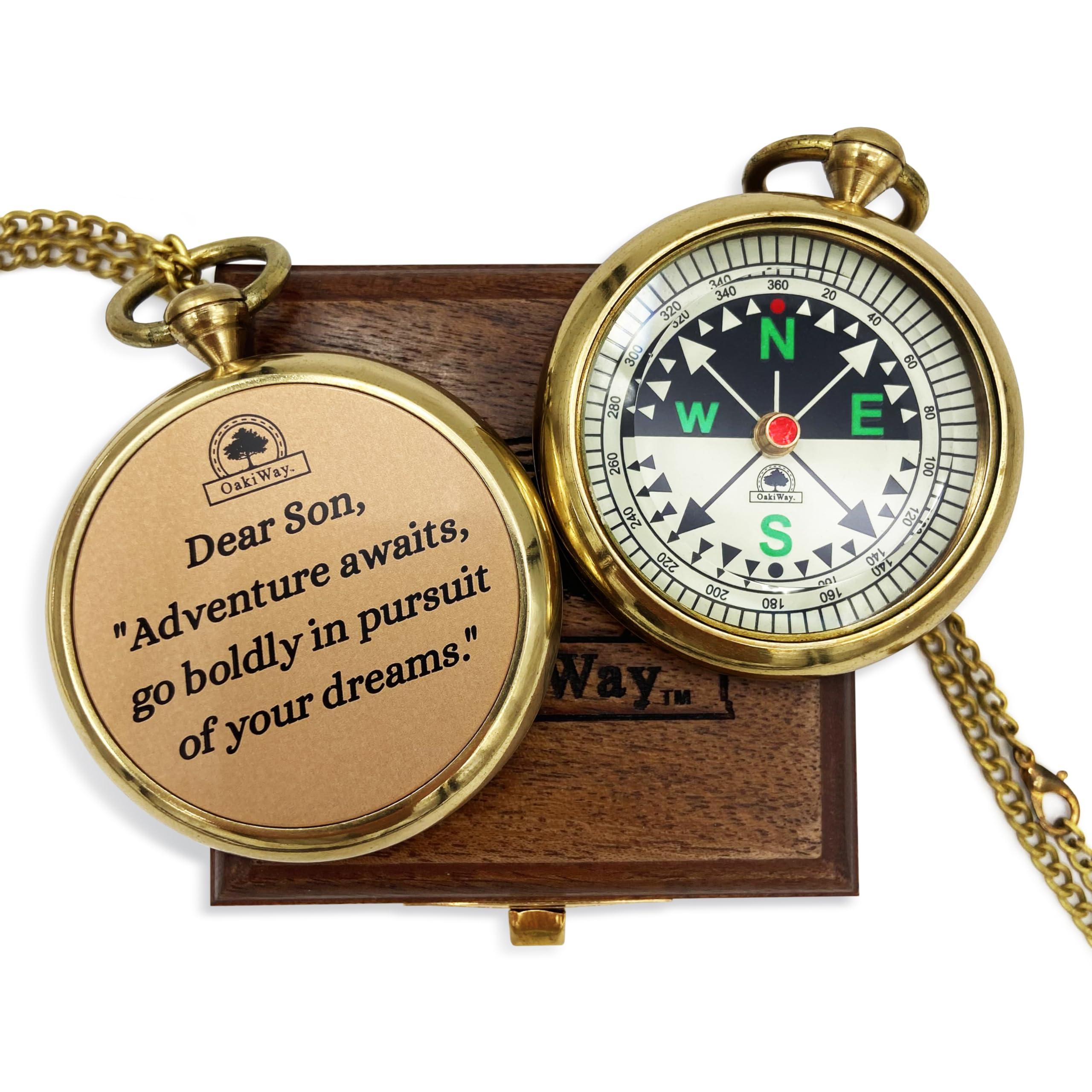 OakiWay The Dream Chaser Compass in Wooden Box - Son Graduation Gift, Birthday, Bday Gifts for Him, Inspirational, Motivational, 2025 College Graduates, Grandson - Greeting Card Included