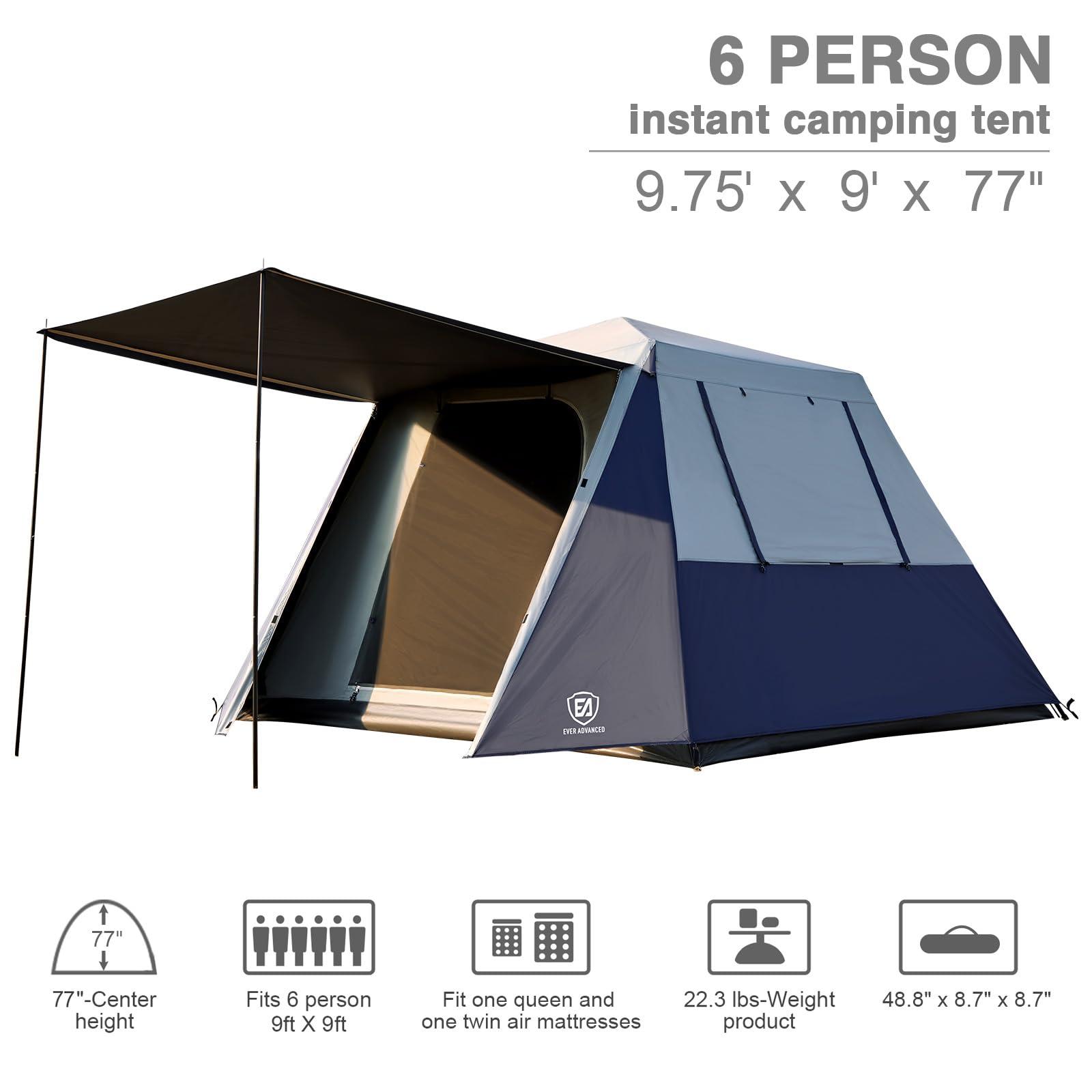 EVER ADVANCED EVER ADVANCED Blackout 6 Person Camping Tent, Instant Cabin Tent for Family with Vestibule and Large Mesh Windows, 60s Easy Setup, Double Layer, Water-Resistant, Blue
