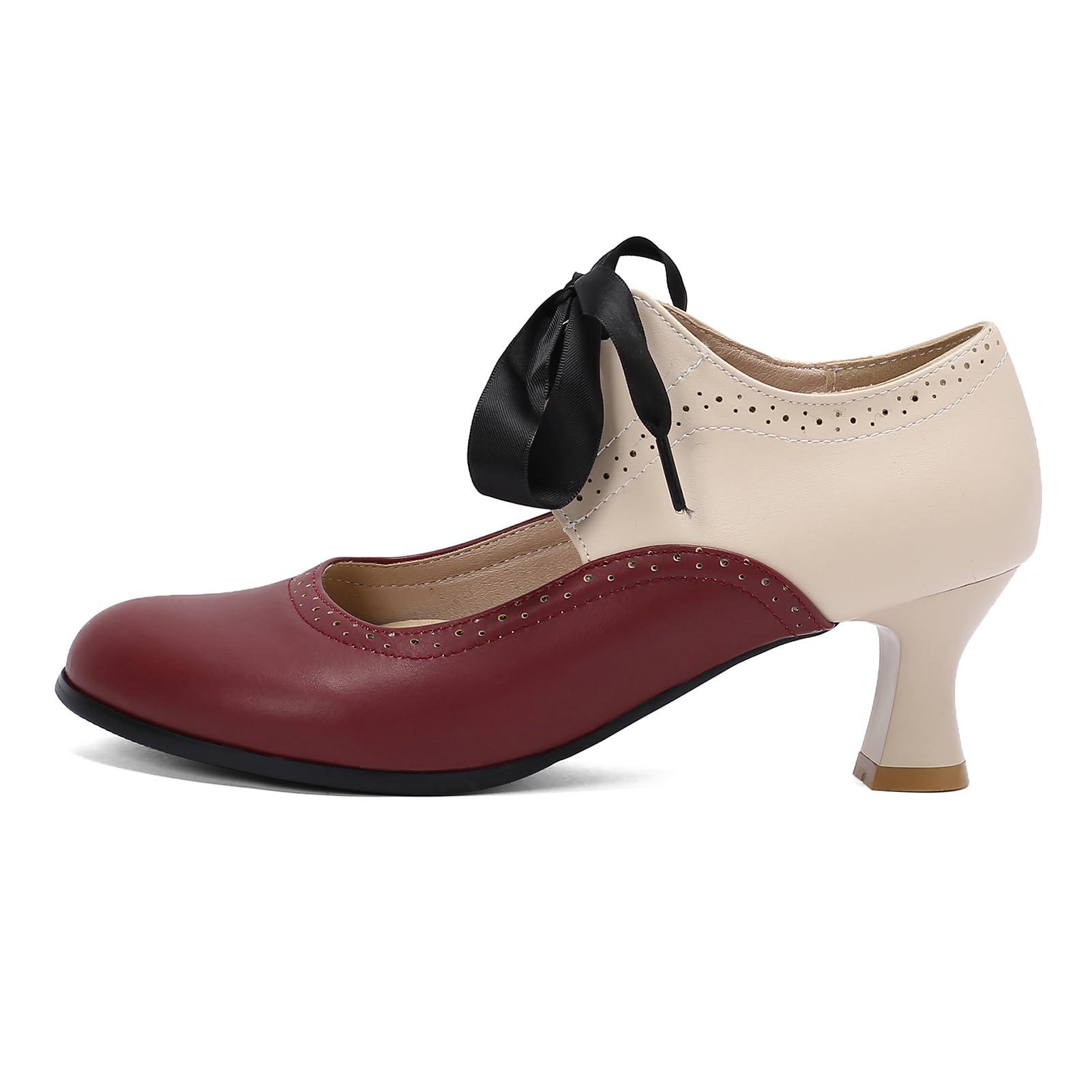 AlureAbys AlureAbys Women Vintage Mary Jane Shoes 50s Low Kitten Heels Round Toe Two Tone Lace up Wingtip Shoes Cut Out Women's Dress Pumps Red Size 36