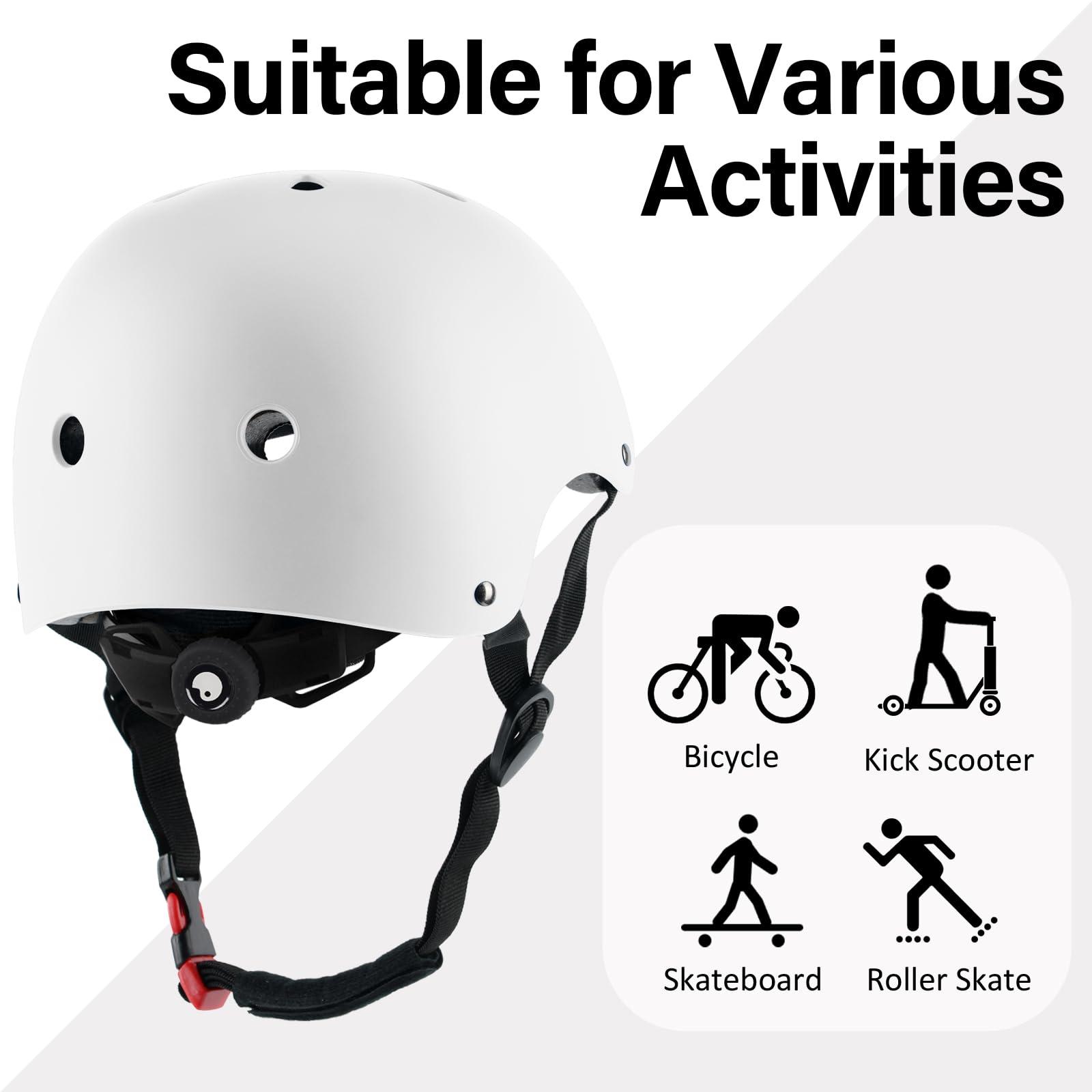 OUWOR OUWOR Kids Skateboard Bike Helmet for Boy and Girl, Lightweight Adjustable, Multi-Sport for Bicycle Skate Scooter (White, Small)