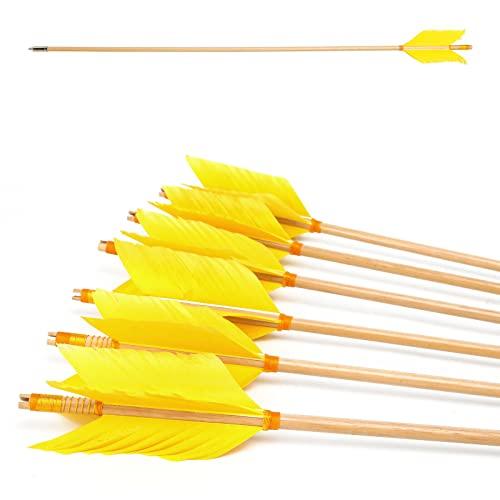 PG1ARCHERY PG1ARCHERY Archery Target Flu-Flu Arrows, 6 Pack Traditional Wooden Arrow 4 Feathers Fletching for Practice Targeting Hunting Yellow