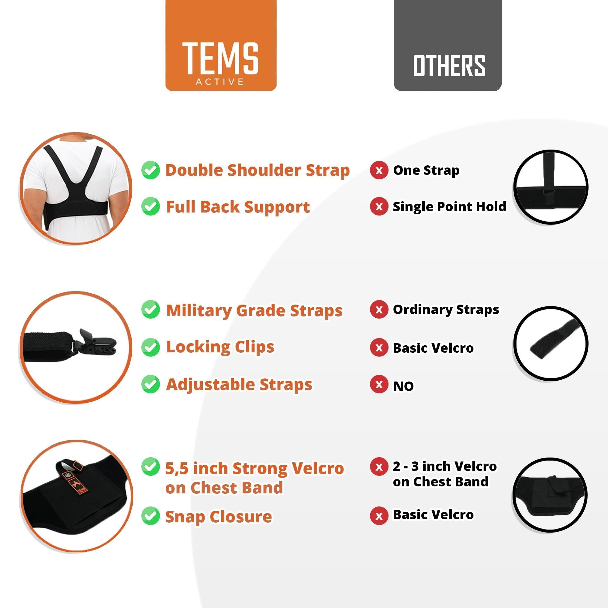 TEMS Active Tems Active Shoulder Holster for Concealed Carry Concealed Chest Holster, Universal Gun Holster for Men & Women Fits Glock, S&W, Sig and Most Pistols (51 (Fits Bust/Belly Sizes up to 48"), Right)