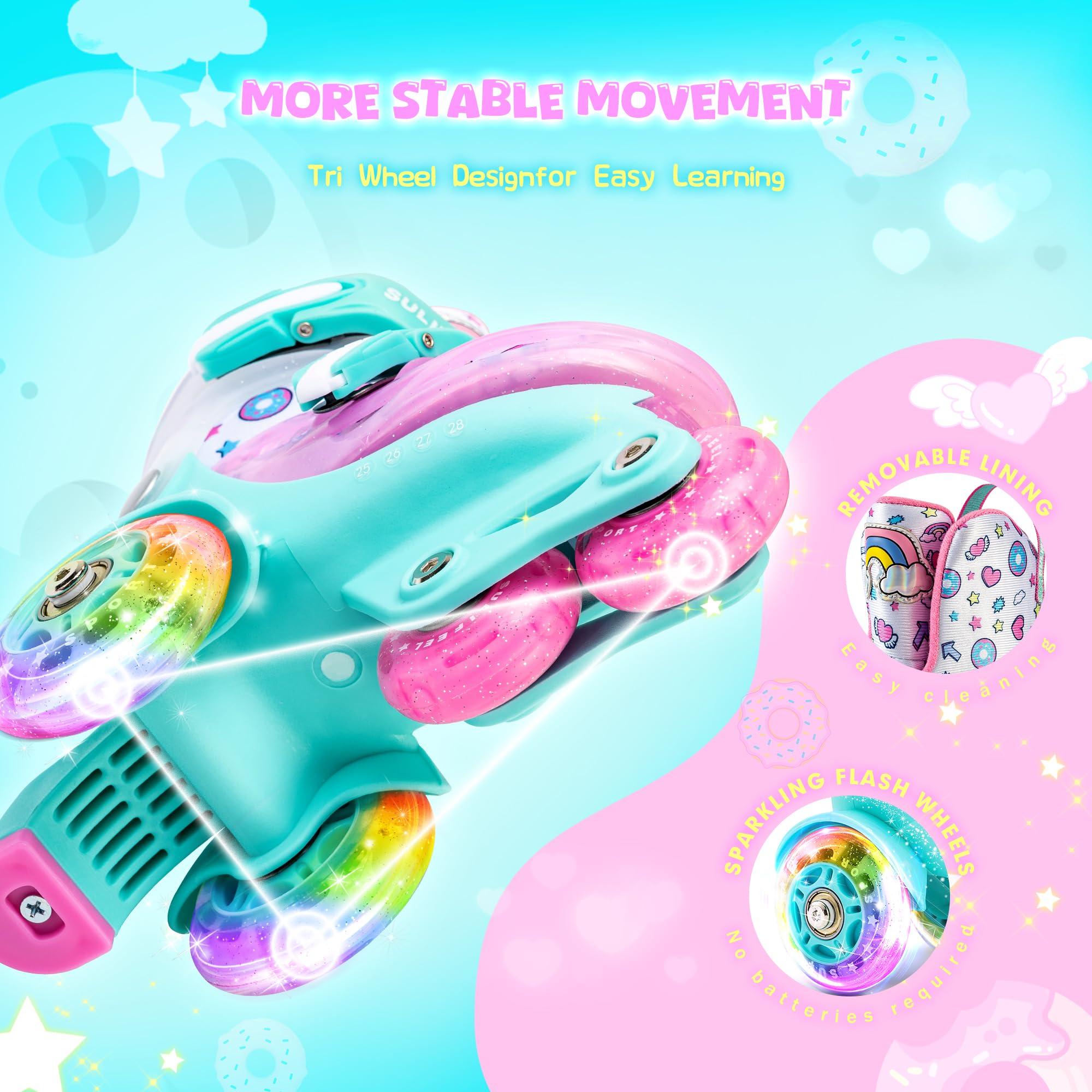 SULIFEEL SULIFEEL Adjustable Roller Skates for Girls Boys Kids,Fun Illuminating Light Up Flash Wheels Three-Point Type Balance Suitable for Beginners Indoor Roller Skating Green & Pink Size X-Small