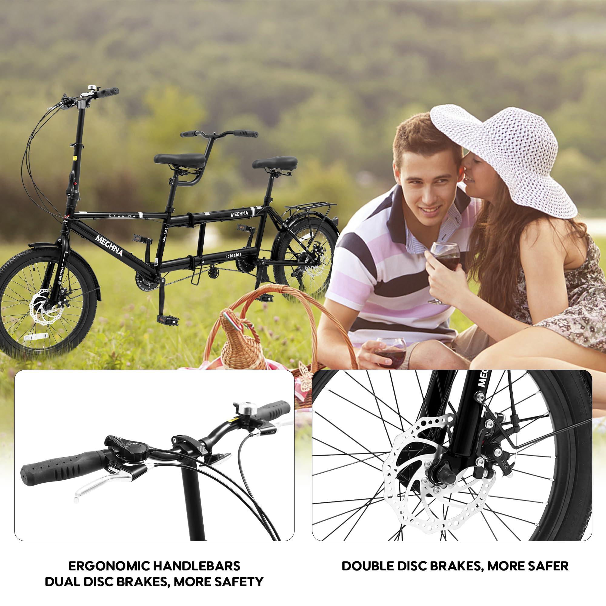 BGGFNZ Foldable Tandem Bike, 20 Inch Family Tandem Bikes for Adults, Adjustable 7-Speed Tandem Bicycles Beach Cruiser Bike for Travel and Couple Riding, High Carbon Steel Frame