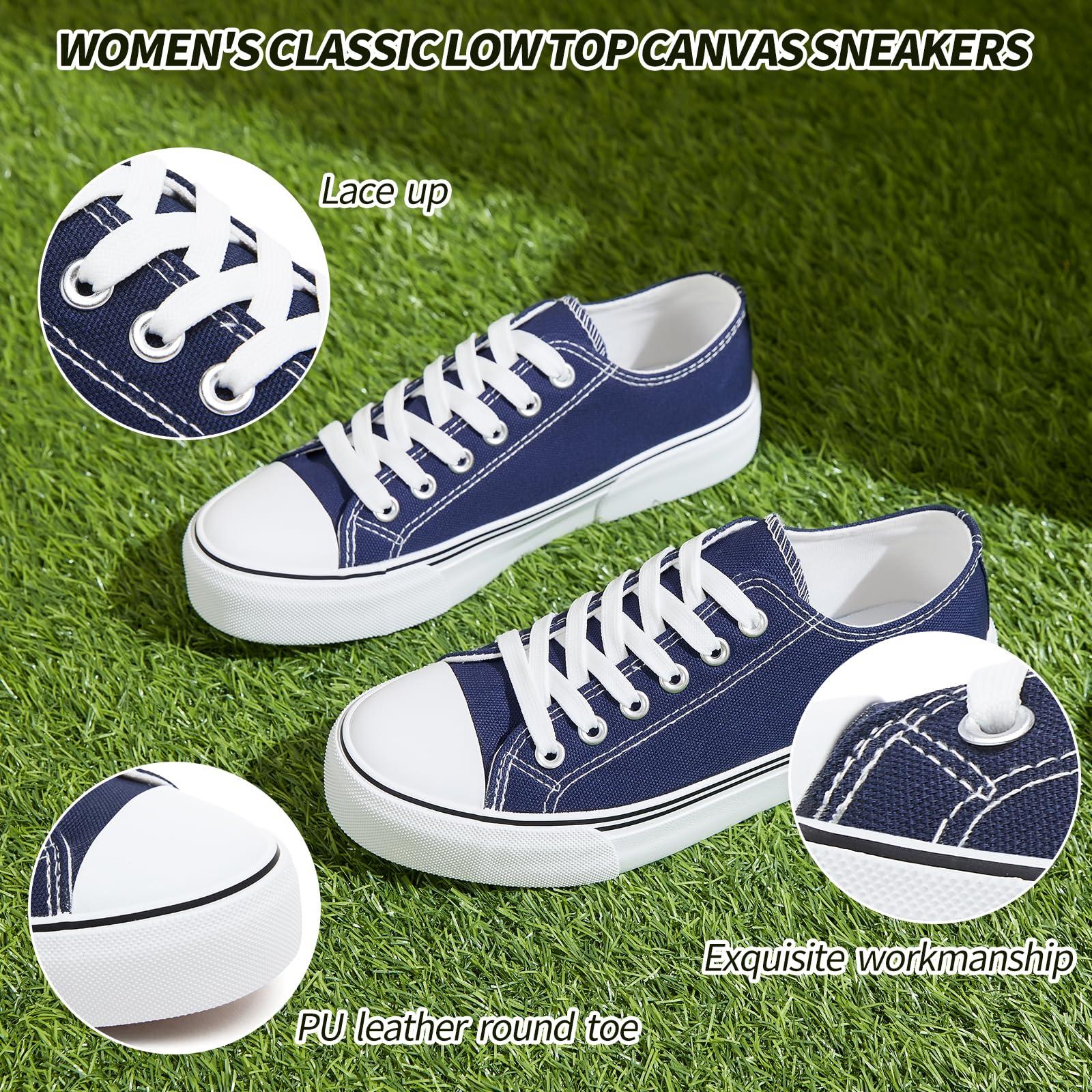 Adokoo Adokoo Canvas Tennis Shoes for Women Low Top Casual White Navy Sneakers for Women Lace Up Fashion Comfortable Walking Shoes (Navy,7.5)