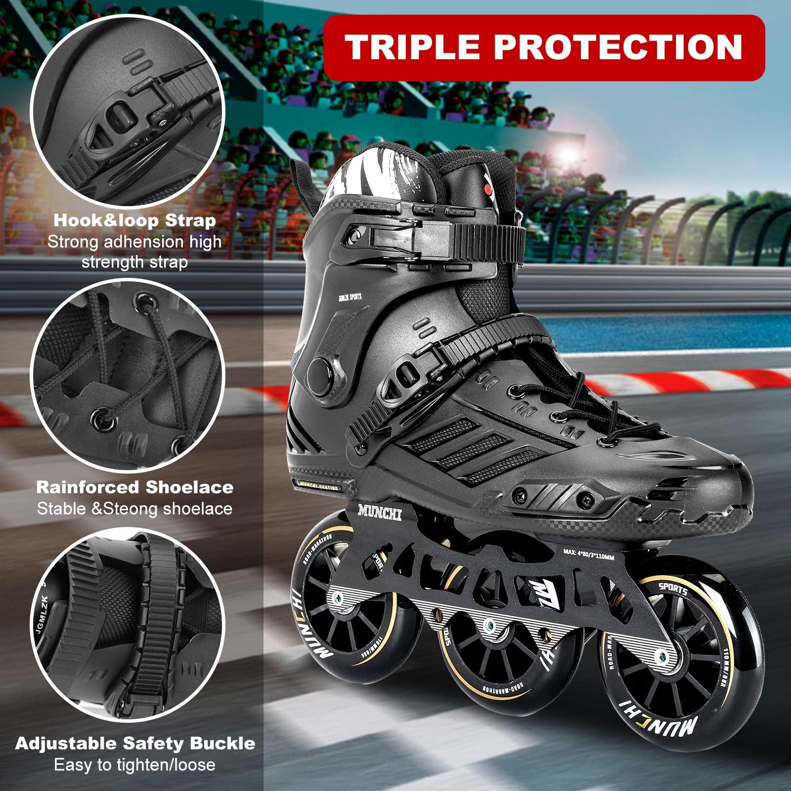 JGMLZK 3 Wheels Fitness Inline Speed Skates for Unisex110mm Roller Skates Blades (Black, Men 6/Women 7 38)