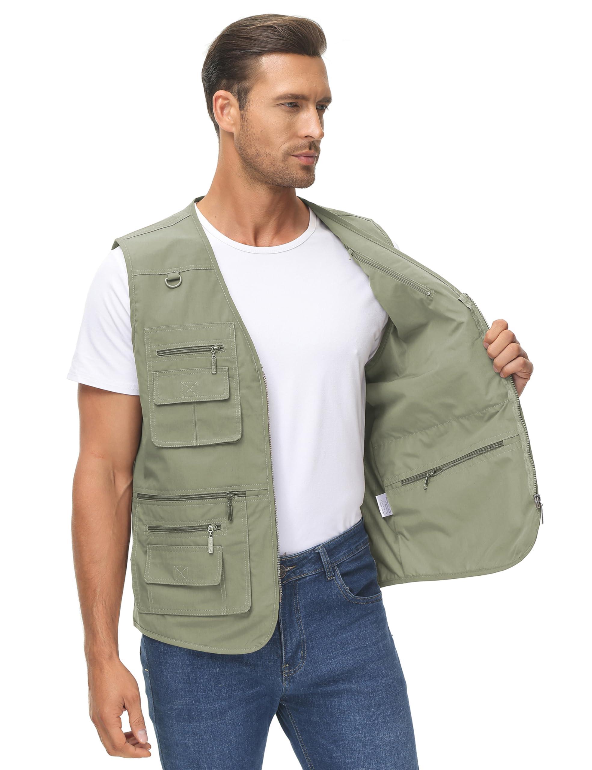 Lentta Lentta Men's Fishing Vest Summer Outdoor Lightweight Work Photo Vest 16 Pockets(Poplin Green-M)