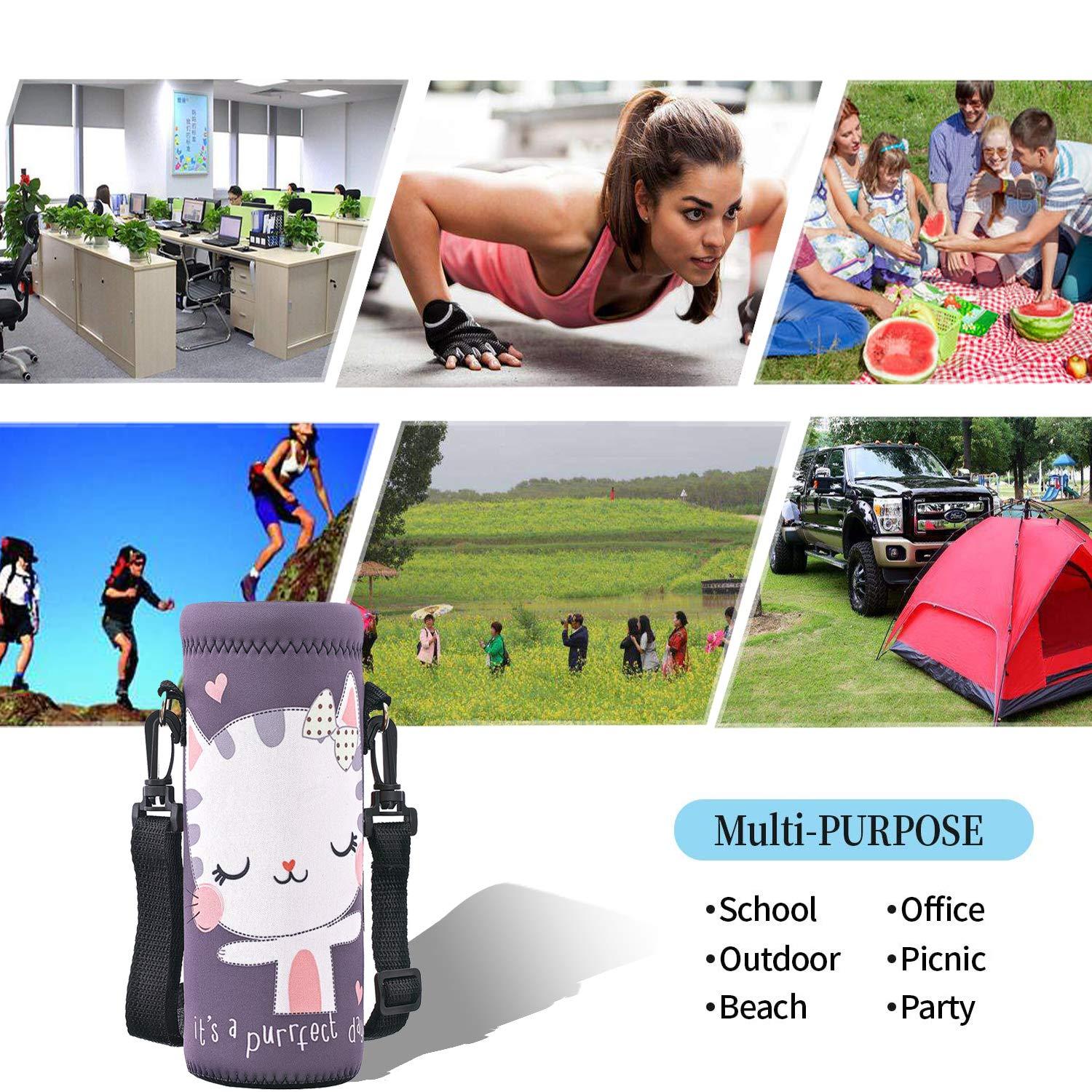 RICHEN RICHEN Neoprene Water Bottle Carrier Bag with Adjustable Shoulder Strap,Insulated Water Bottle Cover for 1000ml/32oz Stainless Steel/Glass/Plastic Bottles (Cute Cat,1000ML)