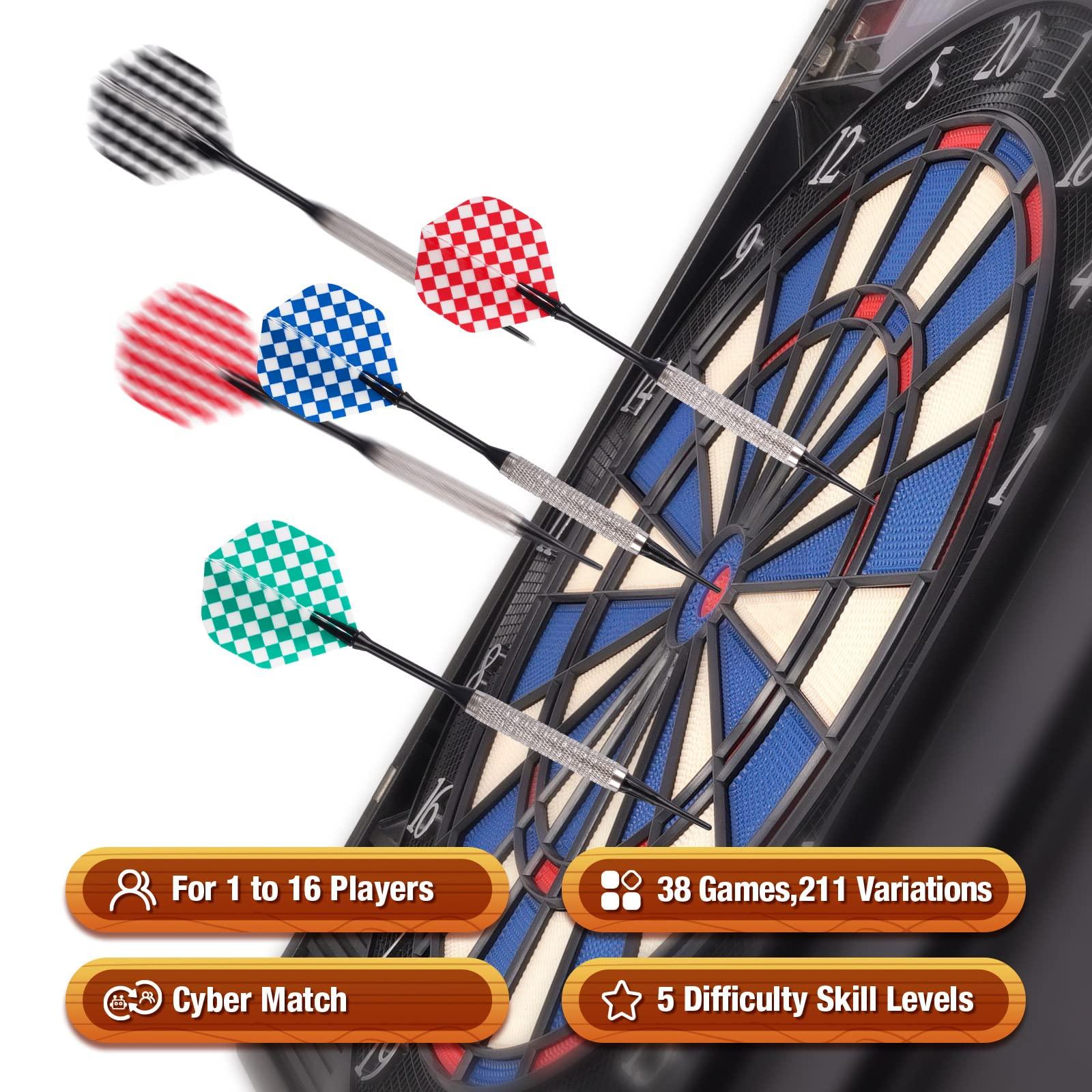 WIN.MAX WIN.MAX Electronic Dart Board Cabinet Set, LED Electric Digital Soft Tip Dart Boards for Adults with Cabinet, up to 16 Players, 38 Games and 211 Variations with 12 Soft Tip Dartboard Set (Silver)