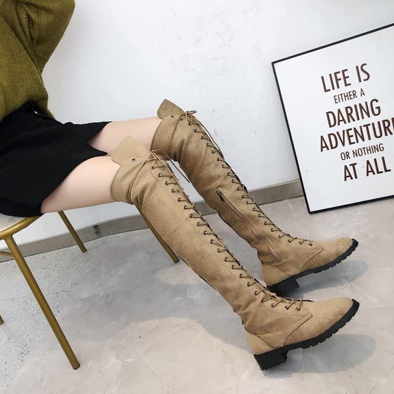 ZBYY ZBYY Women's Over The Knee Low Heel Lace Up Tall Boots Fashion Side Zipper Thigh High Stretchy Boots Casual Riding Booties