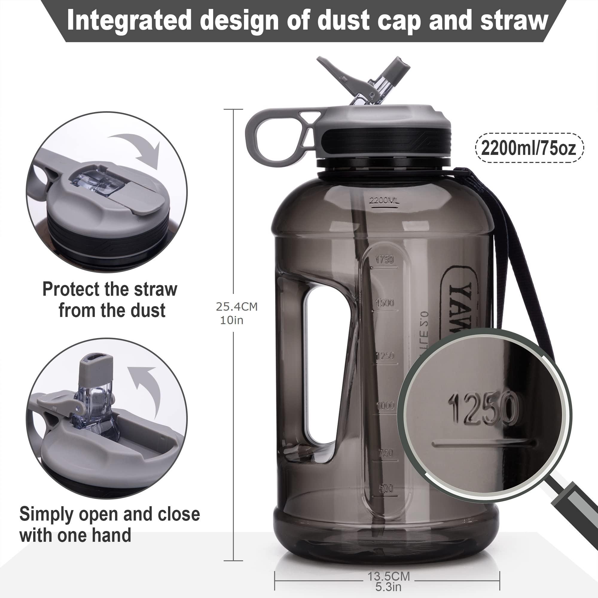 FORWEWAY FORWEWAY Half Gallon Water Bottle with Straw Leakproof Large Sports Water Bottle with Handle 2L/74oz BPA Free Water Jug for Camping Hiking (2.2L, Black)