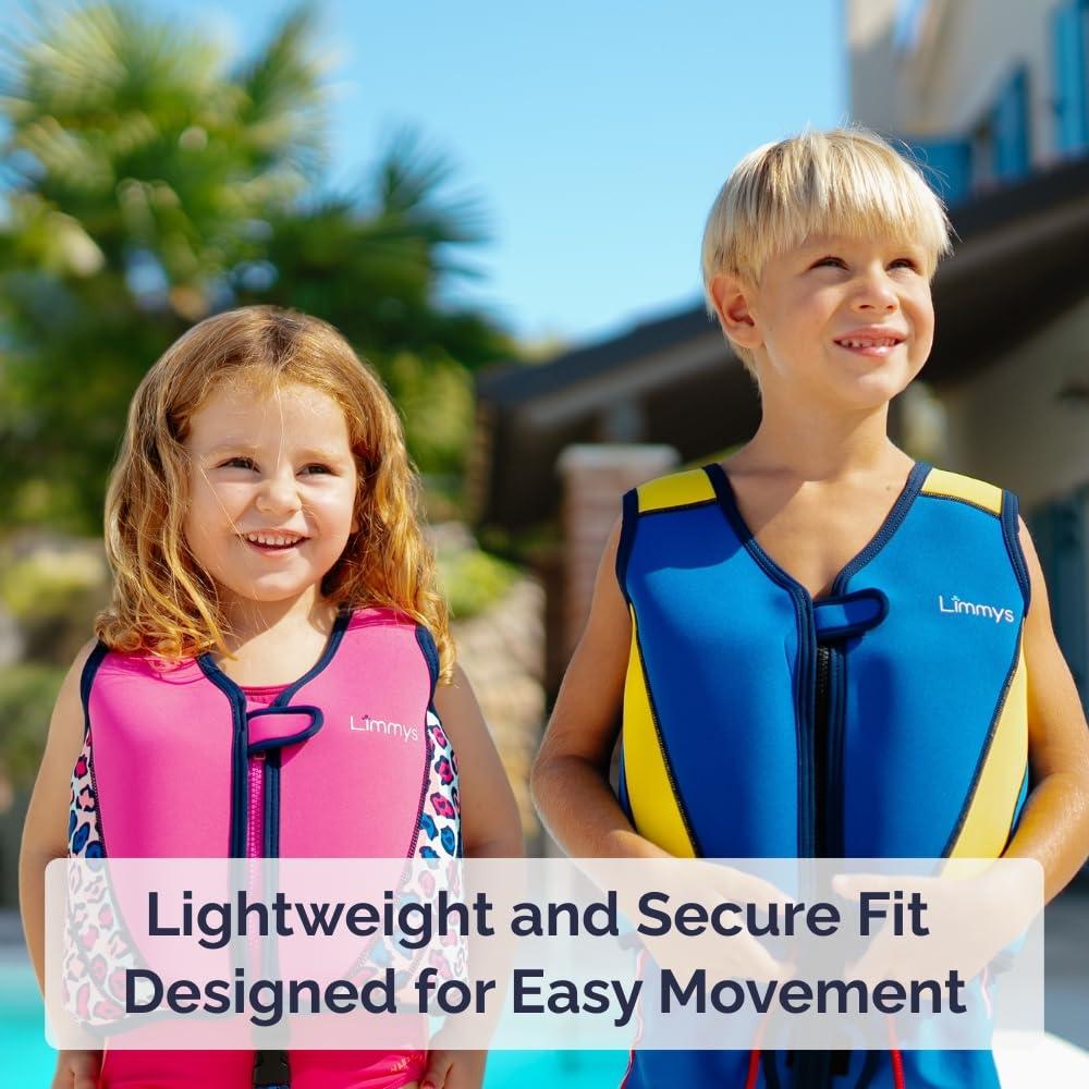 Limmys Limmys Premium Kids Swim Vest - Toddler Swim Jacket and Buoyancy Swimming Aid - Modern Design Swimming Vest for Boys, Girls and Babies - Drawstring Bag Included (Pink Leopard, Large)