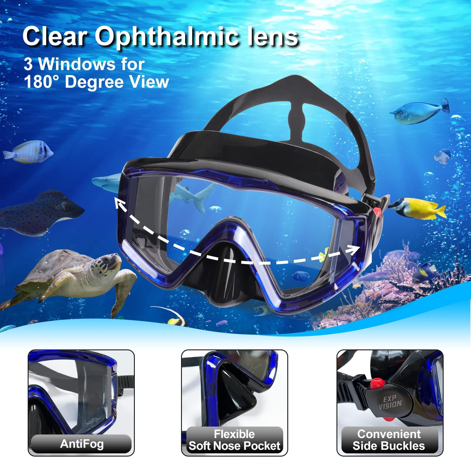 EXP VISION Mask Fin Snorkel Set, Adults Snorkeling Gear Panoramic Diving Mask and Dry Top Snorkel and Dive Flippers Kit with Travel Bag for Swimming Training, Snorkeling (Medium-Blue Set)