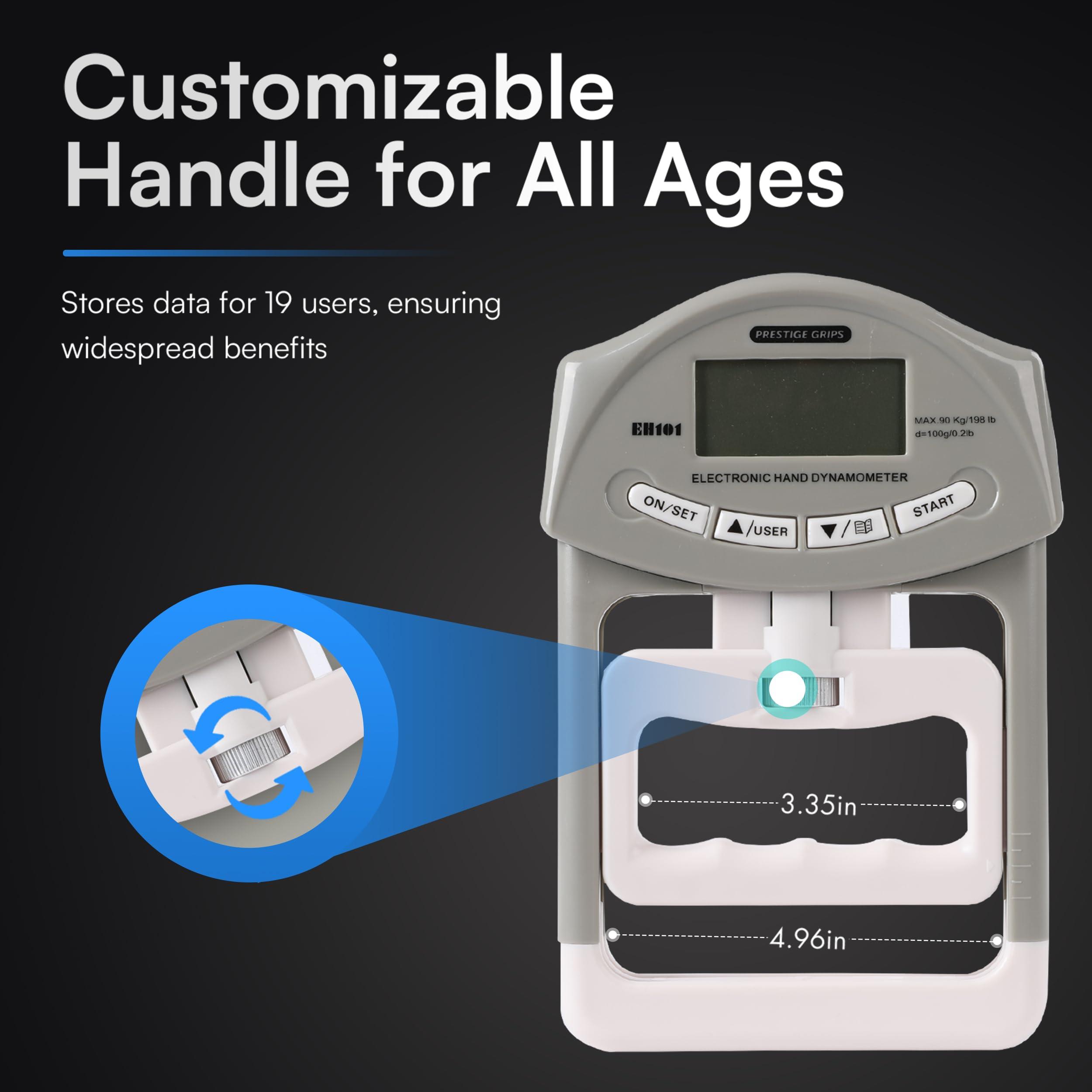 Prestige Grips Grip Strength Tester - Hand Strengthening Device With Precision Sensors & Adjustable Handle - Hand Dynamometer Fits Most Hands - 90 Kgs/198 Lbs. Max Power Reading - For Home - Sports - Rehab & Clinical Use