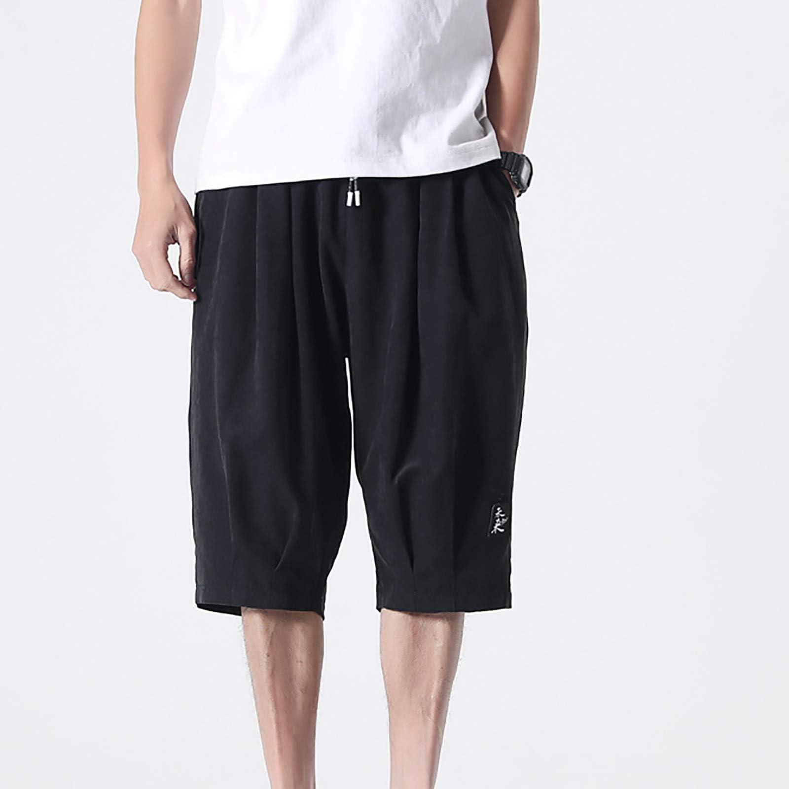 Generic Generic Men\'s Capri Long Shorts below Knee Summer Oversized Shorts Drawstring Stretchy Waist Hiking Baggy Athletic Shorts L-8XL Black, 7X-Large