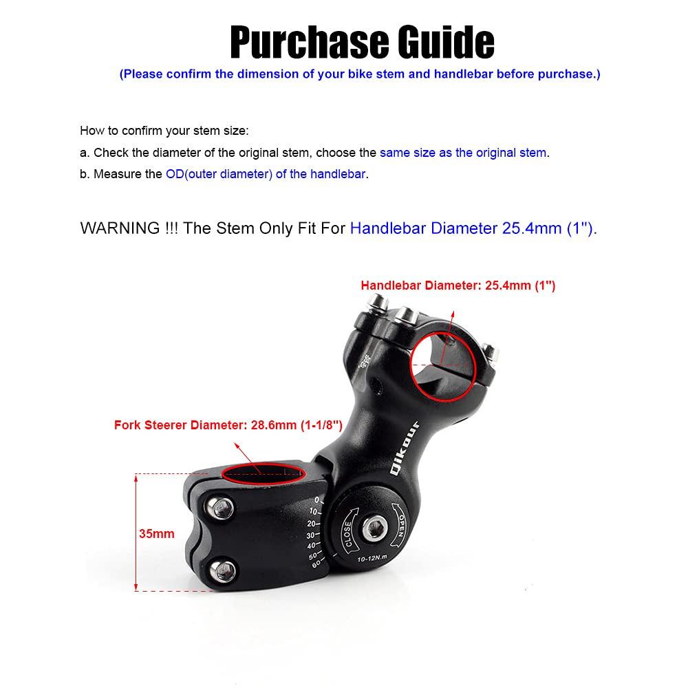 Qikour Bike Stem Adjustable 60 Degree 31.8mm (1-1/4") / 25.4mm (1") Handlebar Stem for MTB, Road Bike, Fits Standard 28.6mm (1-1/8") Steering Tube (25.4 x 90mm, 25.4mm Handlebar & 28.6mm Steering Tube)