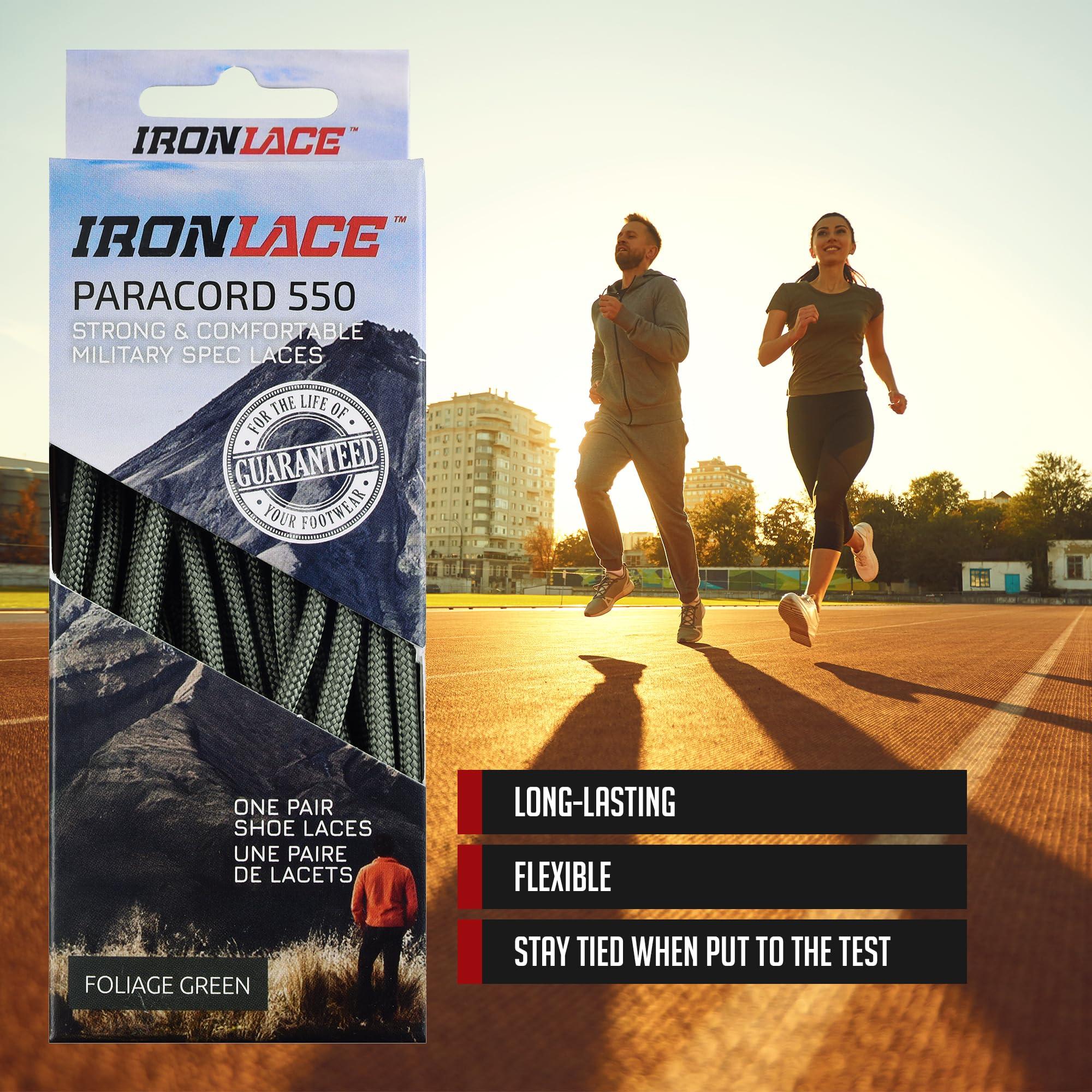 IRONLACE IRONLACE - Paracord 550 Laces Type III, Heavy-Duty, Universal Boot & Shoe Laces, Stretchable Nylon, 550-Pound Breaking Strength, Foliage Green, 9/64 Inch (3.5mm) Tip Diameter, 63-Inch, 1-Pair