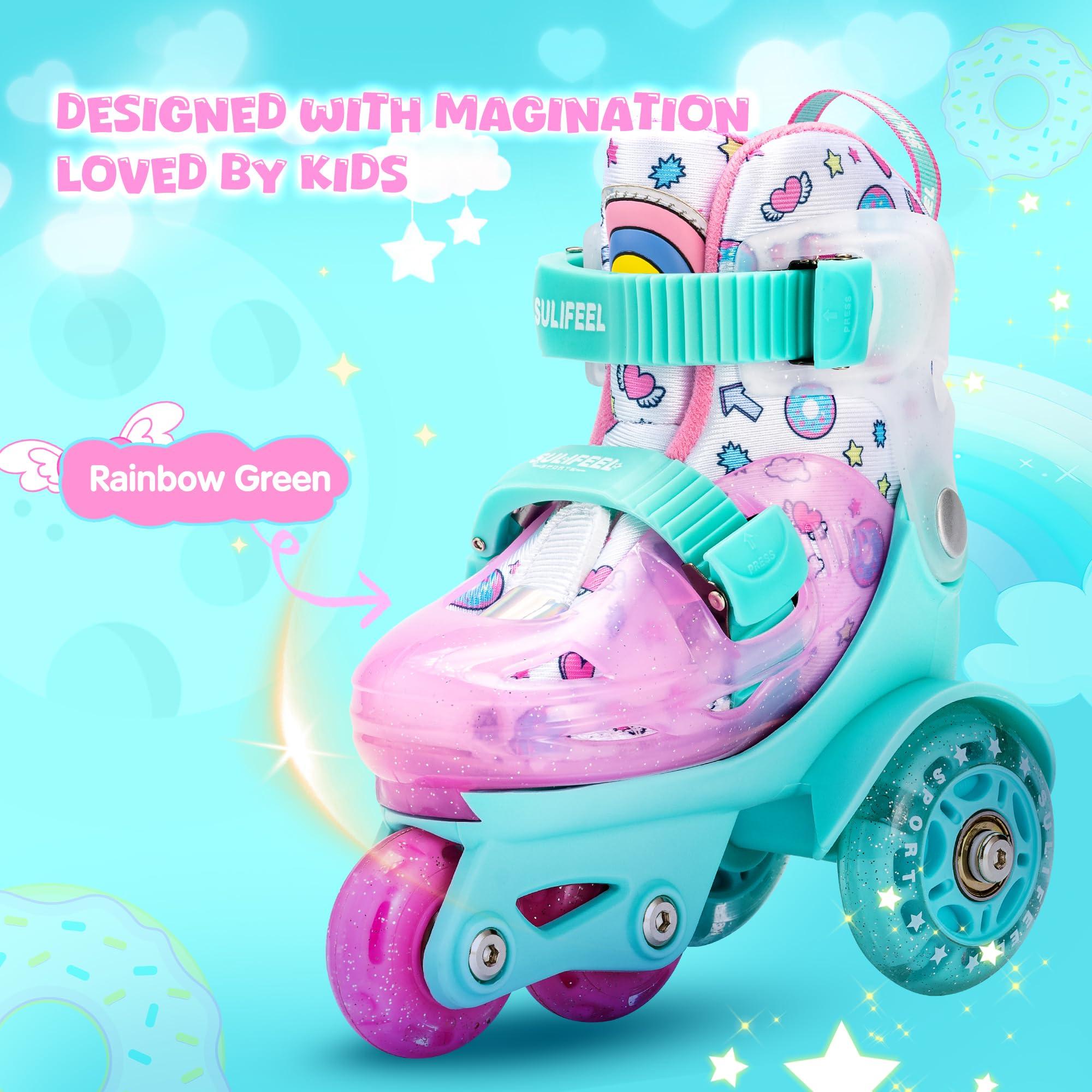 SULIFEEL SULIFEEL Adjustable Roller Skates for Girls Boys Kids,Fun Illuminating Light Up Flash Wheels Three-Point Type Balance Suitable for Beginners Indoor Roller Skating Green & Pink Size X-Small