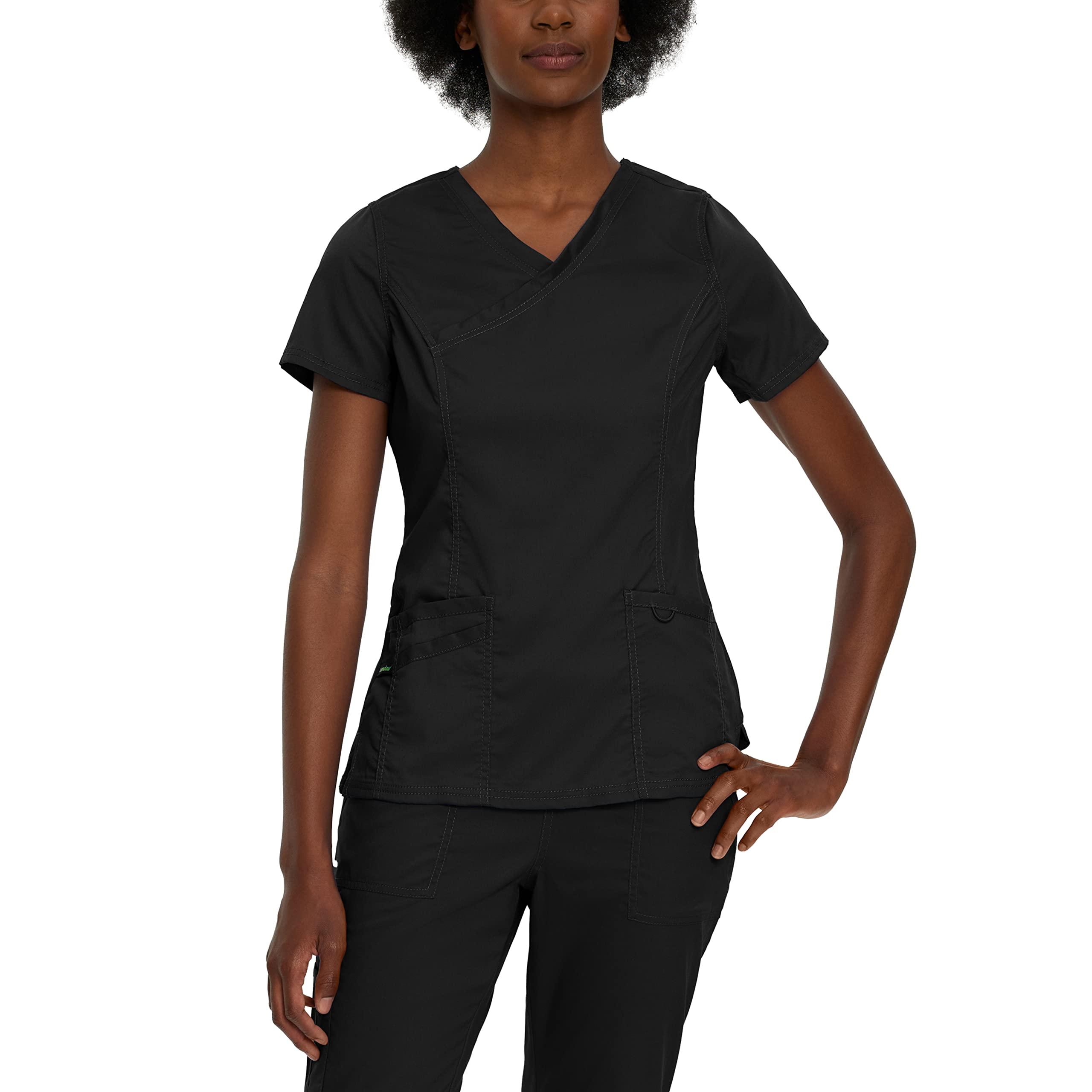 Landau Landau Proflex Tailored Fit Stretch 3-Pocket Mock Wrap Scrub Top for Women 4161 Black