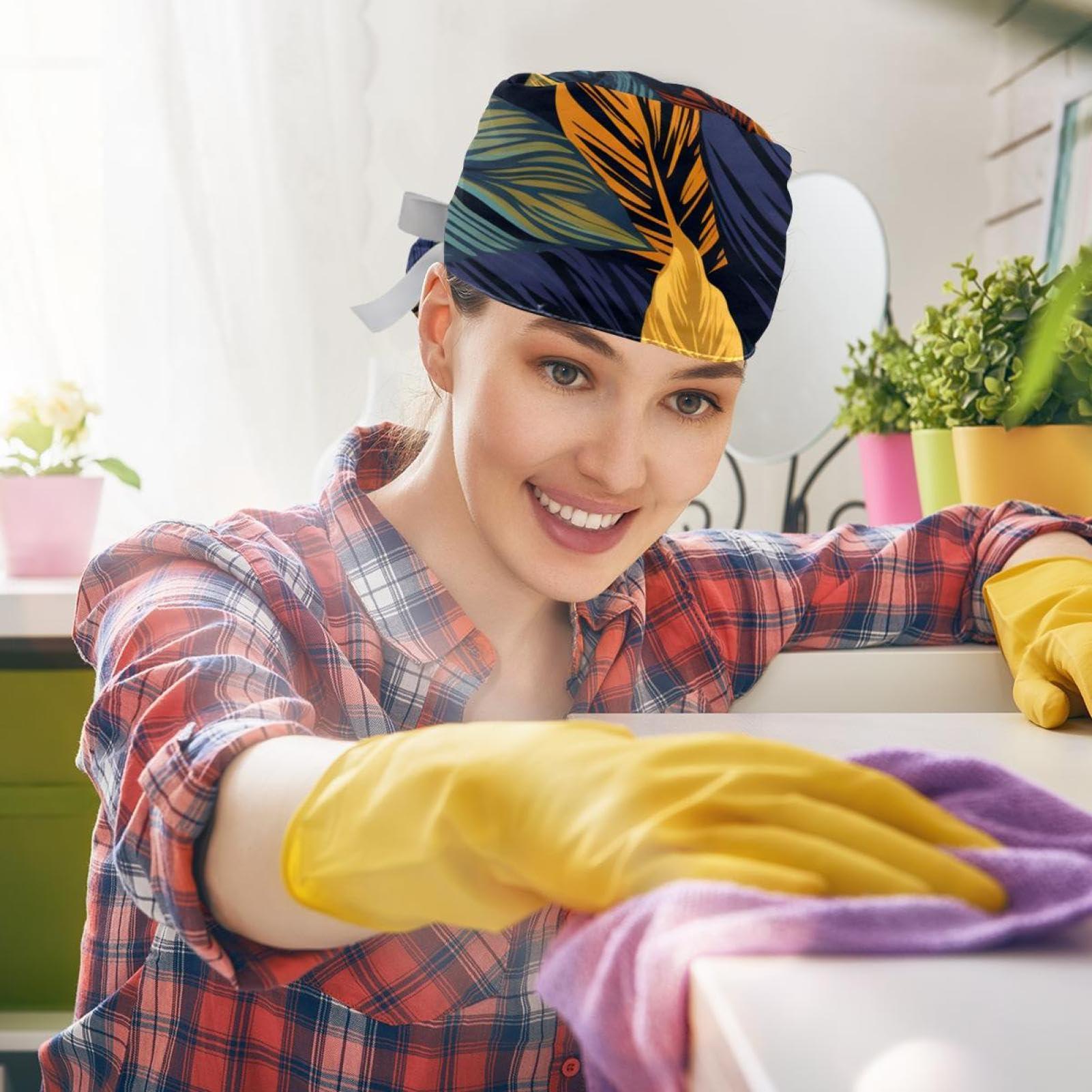 YTYVAGT 2-Pc,Nurse Scrub Caps,Scrub Hats with Buttons and Cotton Sweatband,Abstract Leaves