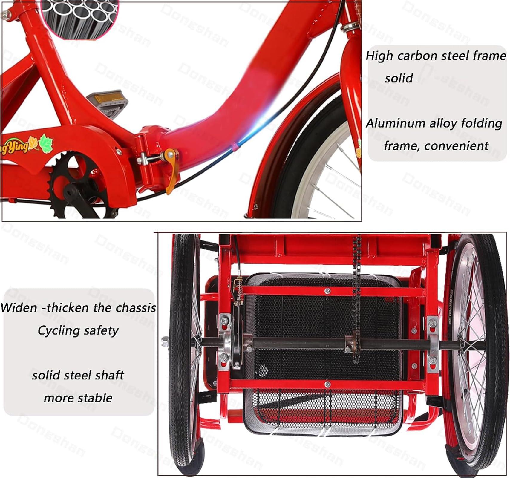 DONGSHAN Adult Tricycle Folding Bicycle Comfortable seat 3 Wheel Bicycle Rear Enlarged Vegetable Basket Double Chain 20inch Shock Absorber Front Fork for Parents and Children Maximum Load 440lbs (Red)