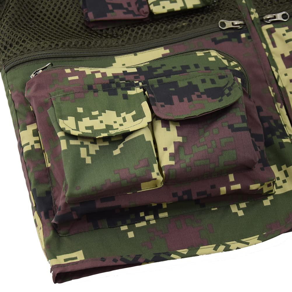 Ziker Ziker Men's Mesh Breathable Openwork Camouflage Journalist Photographer Fishing Vest Waistcoat Jacket Coat (US, Alpha, Large, Regular, Regular, Green-Camouflage)