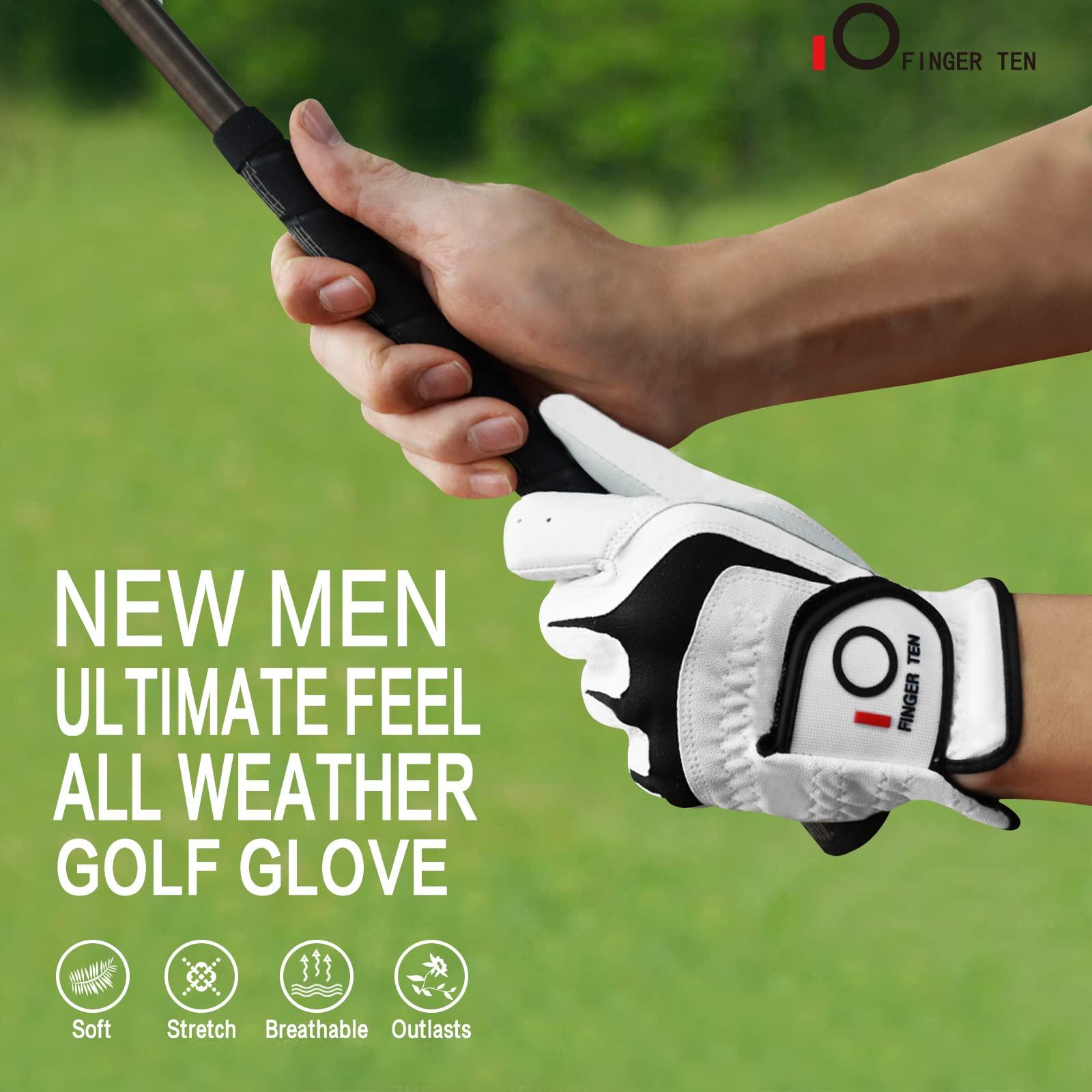 FINGER TEN FINGER TEN Golf Gloves Men Right Left Handed Golfer 3/6 Pack Mens Golf Glove Left Right Hand Soft Cabretta Leather All Weather Grip Size S M ML L XL (White-6 Pack, X-Large, Left)