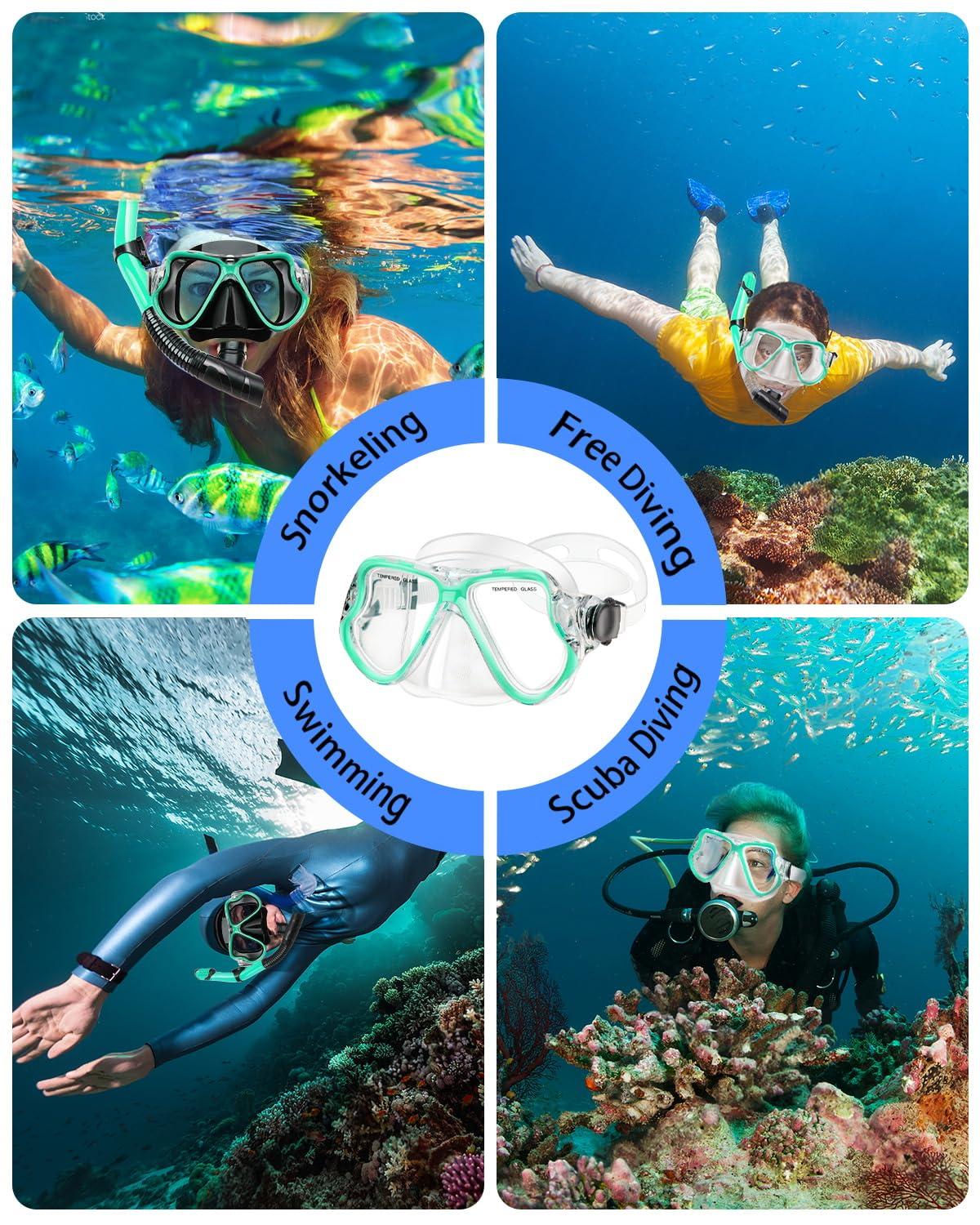 PIYAZI PIYAZI Snorkeling Gear for Adults Kids, Dry Snorkeling Set, Panoramic Anti-Leak and Anti-Fog Tempered Glass Lens, Adjustable Strap Snorkel Set with Mesh Bag Ear Plug for Snorkeling Scuba Diving Travel