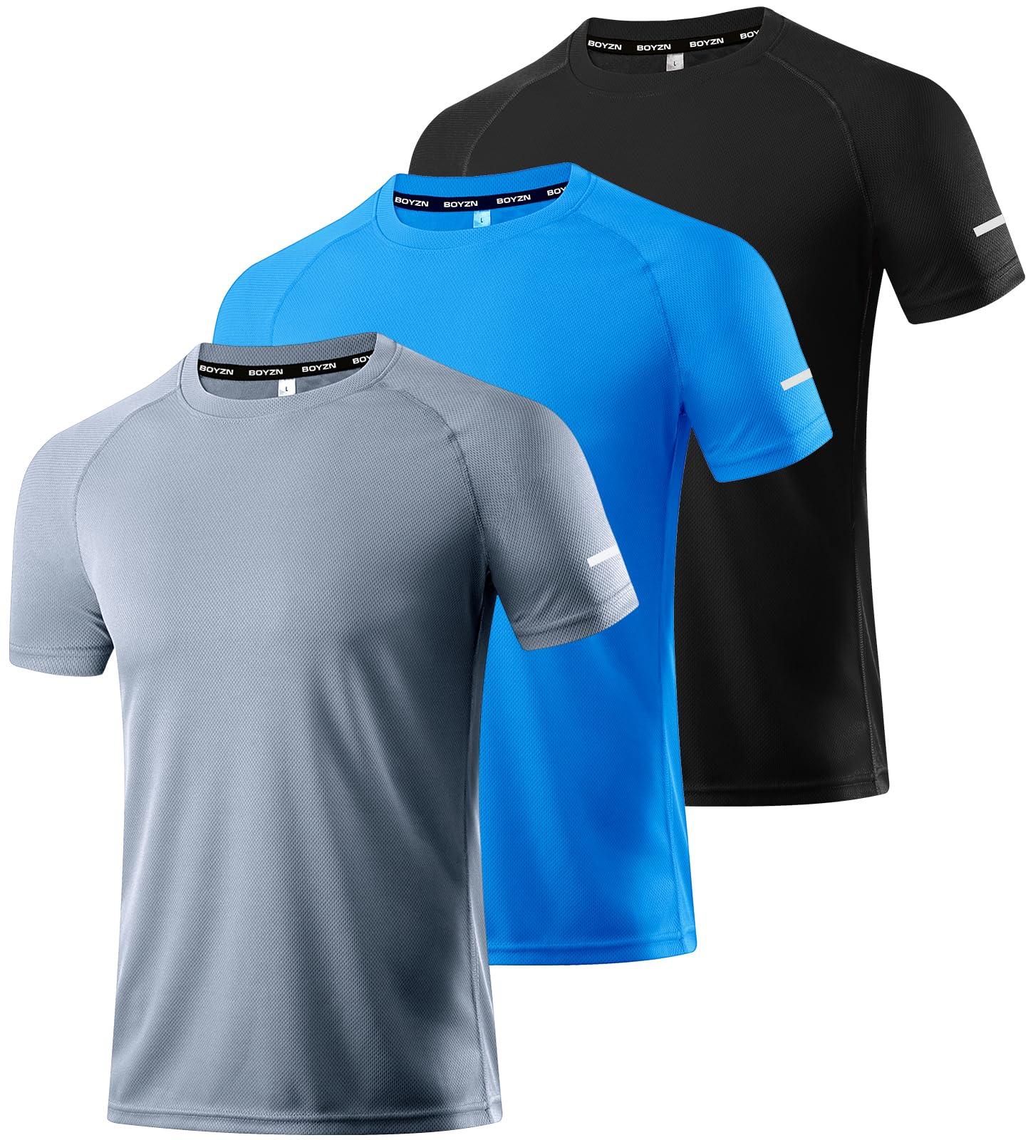 Boyzn 3 Packs Workout Shirts for Men - Activewear Tops Gym Shirts Dry Fit Mesh Moisture Wicking Running Fitness Short Sleeve Crewneck Sports Athletic T-Shirt Tops Black/Gray/Blue-3P02-L