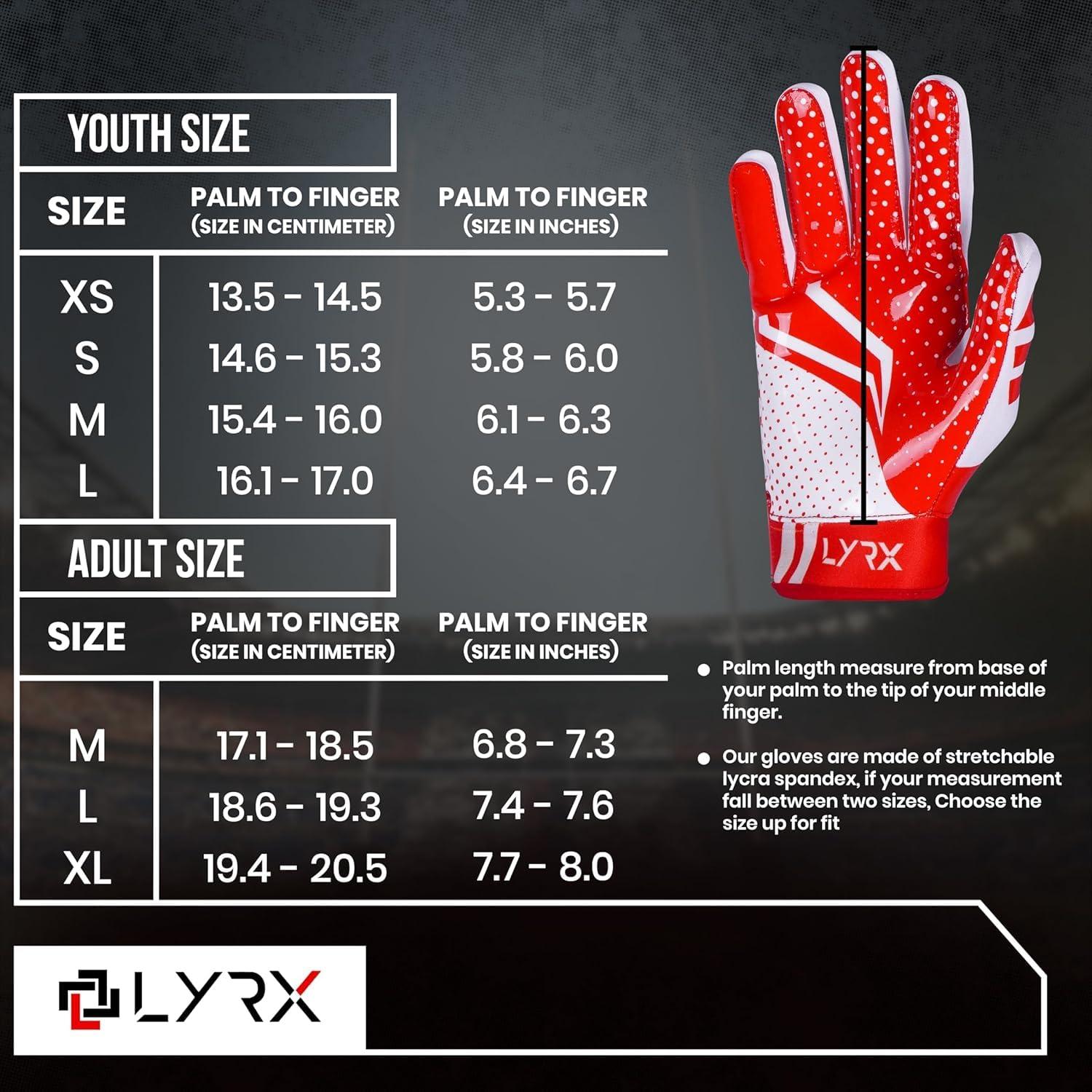 LYRX LYRX Professional Football Receiver Gloves with Optimal Silicone Palm Non-Slip Grip Control Ultra-Stick Sports Lightweight Glove and Precision Fit (Red, Adult M (7.2"))