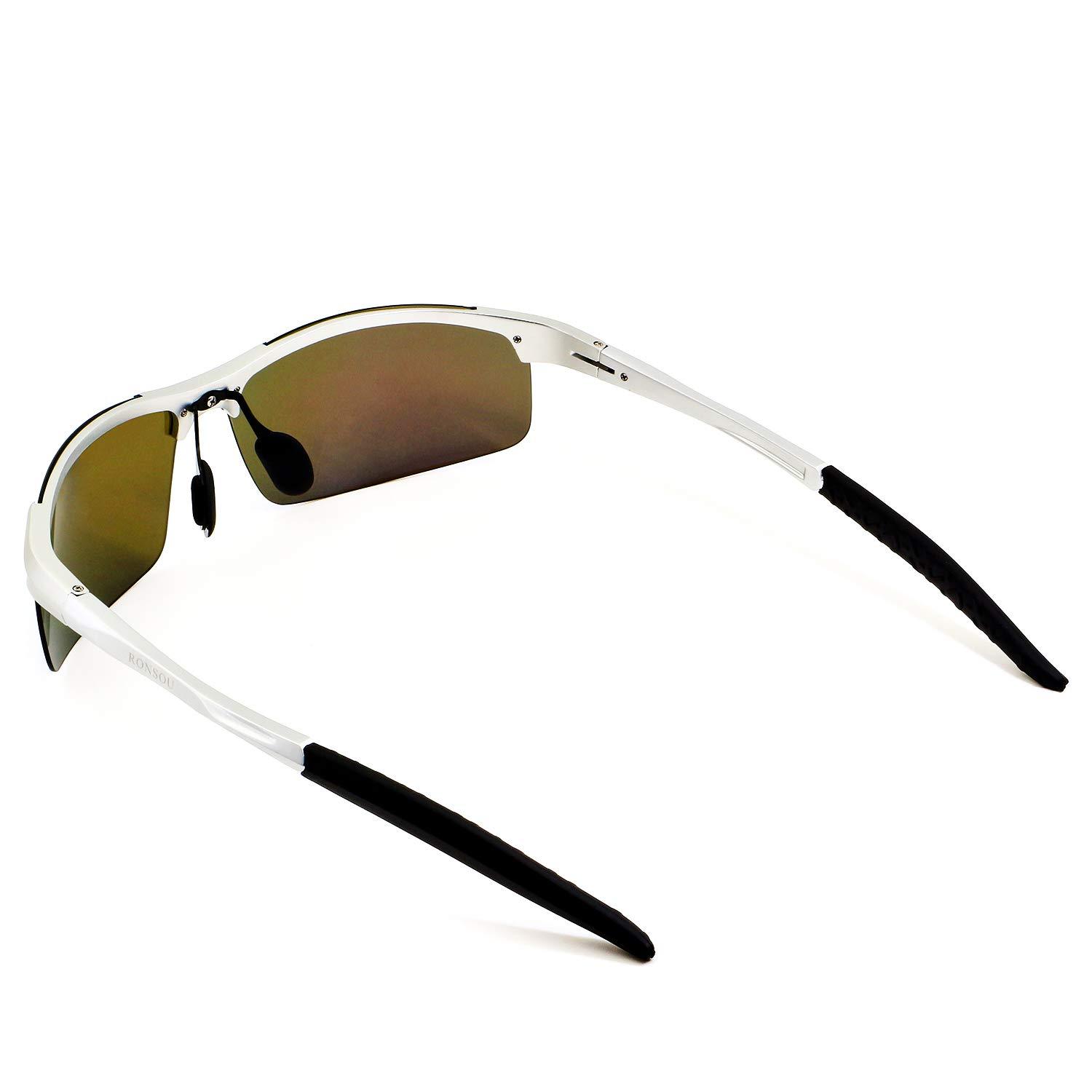 RONSOU RONSOU Mens Sunglasses Polarized Sport UV Protection Ultralight Al Mg Sunglasses for Men Fishing Driving Golf Silver Frame Blue Lens
