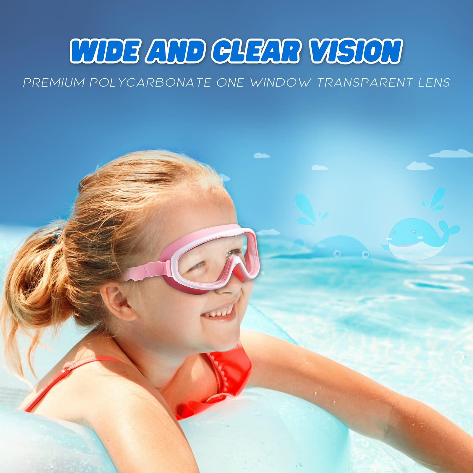 KAILIMENG KAILIMENG 2 Pack Kids Swim Goggles, Clear Wide View No-Leak Anti-Fog UV Protection Swimming Glasses with Nose Clip Earplugs for Toddlers Youth Child 3-15 Years Old (Pink & Red Blue, 2 Pack)